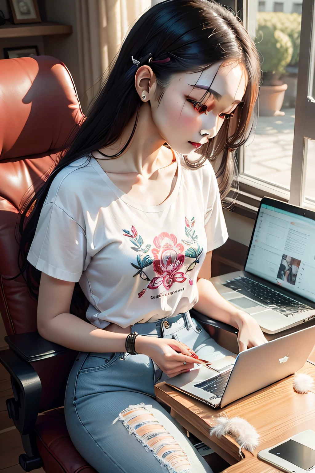Li Zihan looked at the laptop, White T-embroidered jeans