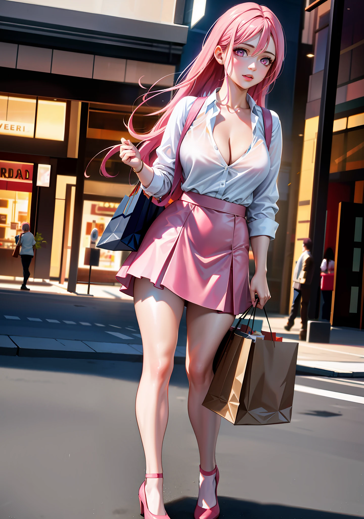 masterpiece, photography, realistic eyes, best quality, beautiful lighting, cinematic, 8k, 1girl, facial, mall, medium tits, white shirt, cleavage, pink eyes, pink hair, pink skirt, full body, shopping bags in hands, coffee in left hand