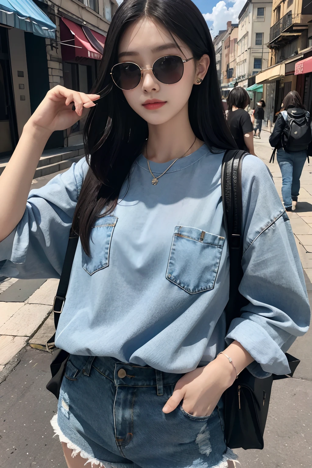best qualtiy,tmasterpiece,超高分辨率,(realisticlying:1.4),RAW photogr,(Evening street),1个Giant Breast Girl,With sunglasses,黑The eye,long whitr hair,Light makeup,cparted lips,tiny ears,whitet-shirt,denim short,Beautiful Women with Perfect Figure:1.4, (exteriors,beachside:1.1),Ultra-fine face,Fine eyes,二重まぶた