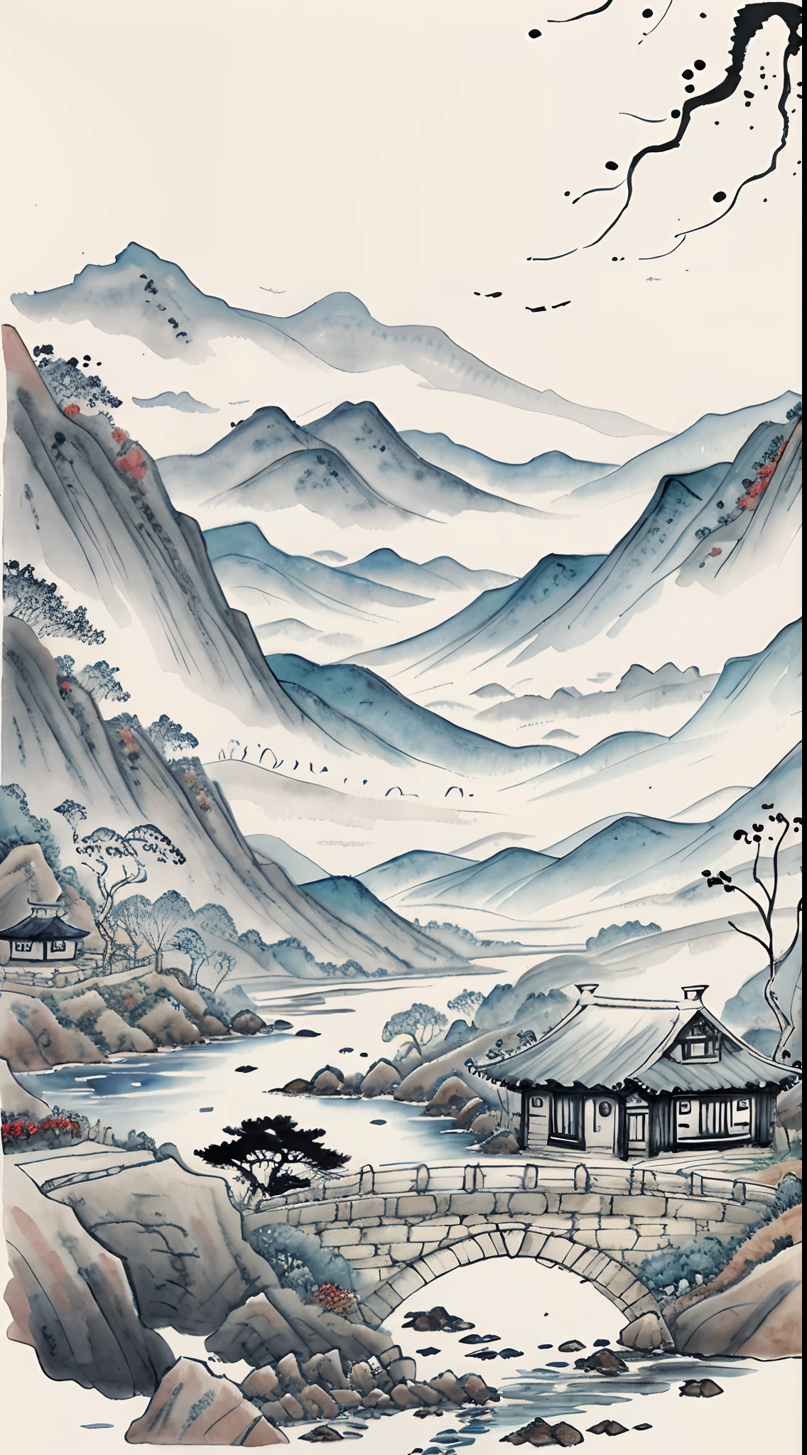 China ink painting，ink and watercolor painting，water ink，ink，Smudge，Small bridges and flowing water，a small cottage nestled in the distance，Cooking smoke， （best qualtiy），（Black and white illustration：1.4），（Simple details）， （8K），