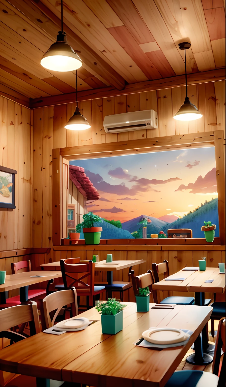 Stardew Valley style, brilliant colors, axonometry, restaurant room