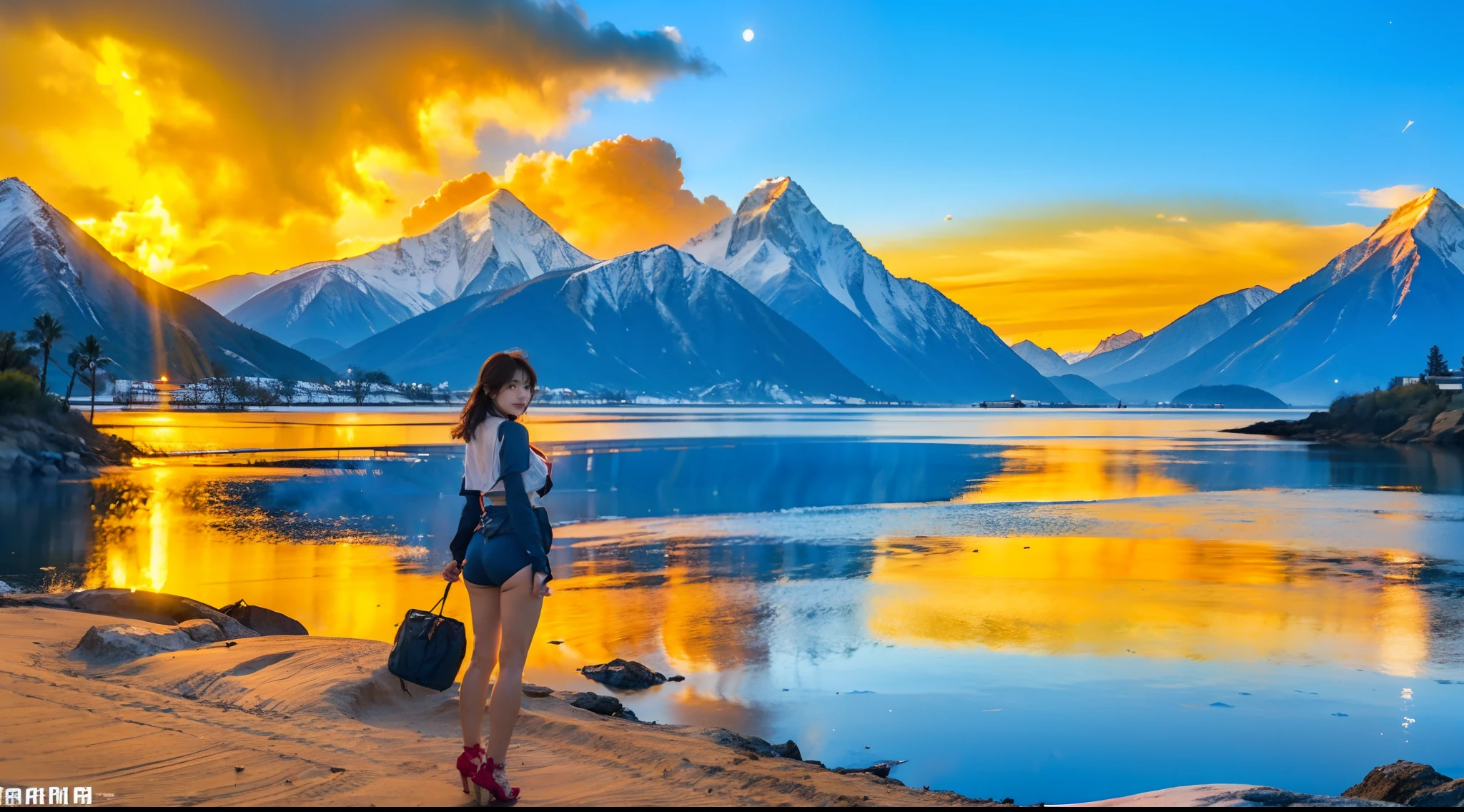 Ultra-grand scenes,The ultra-wide-angle lens captures the appearance of the adventurer girl on location。The adventurer girl can always quickly change clothes for scene elements,And the change in clothing does not affect the display of her physical characteristics。The adventurer's extremely tall body has a tight and extremely concave S-shaped curve,Visual effects are exaggerated,The sternum of the adventurer mother narrowed and tightened,Abdominal coarctation and tightening,The waist narrows and tightens,to accentuate the slender lines of the waist and abdomen,And make her K-cup teardrop-shaped giant chest tightly restrained by the equipment strap。The adventurer's crotch is delicate and dexterous,But the buttocks are muscular,The silhouette is upturned and the thigh seam is deep,The pubic outline is pronounced。The adventurer's length is 67 percent taller than the bursting long legs%,The length is even taller than a normal person,And the hips and legs have round and beautiful lines。With tough and coquettish facial features, she is always as cheerful as the sun,Skyscraper Heels, a multifunctional off-road style with a strong sense of technology, was stepped on by her,Sometimes only her graceful figure can be seen,But her eyes shining like flame were always bright,She wears delicate and practical field gear on her hands, feet, wrists, neck and shoulders,The high-tech detection equipment flashes a variety of cue lights and neon-like information light screens,Let her always be surrounded by a charming colorful brilliance。Use Midjourney's advanced stroke tools and color palettes, as well as tools like texture packs and model packs, to create special bodysuits that inspire adventurers,While having good performance,Reflect the unique physiological characteristics of the adventurer in different postures and handle the corresponding appearance details,Make the picture look more coordinated,Add realism even further。The adventurer scenes, always offer spectacular views of these