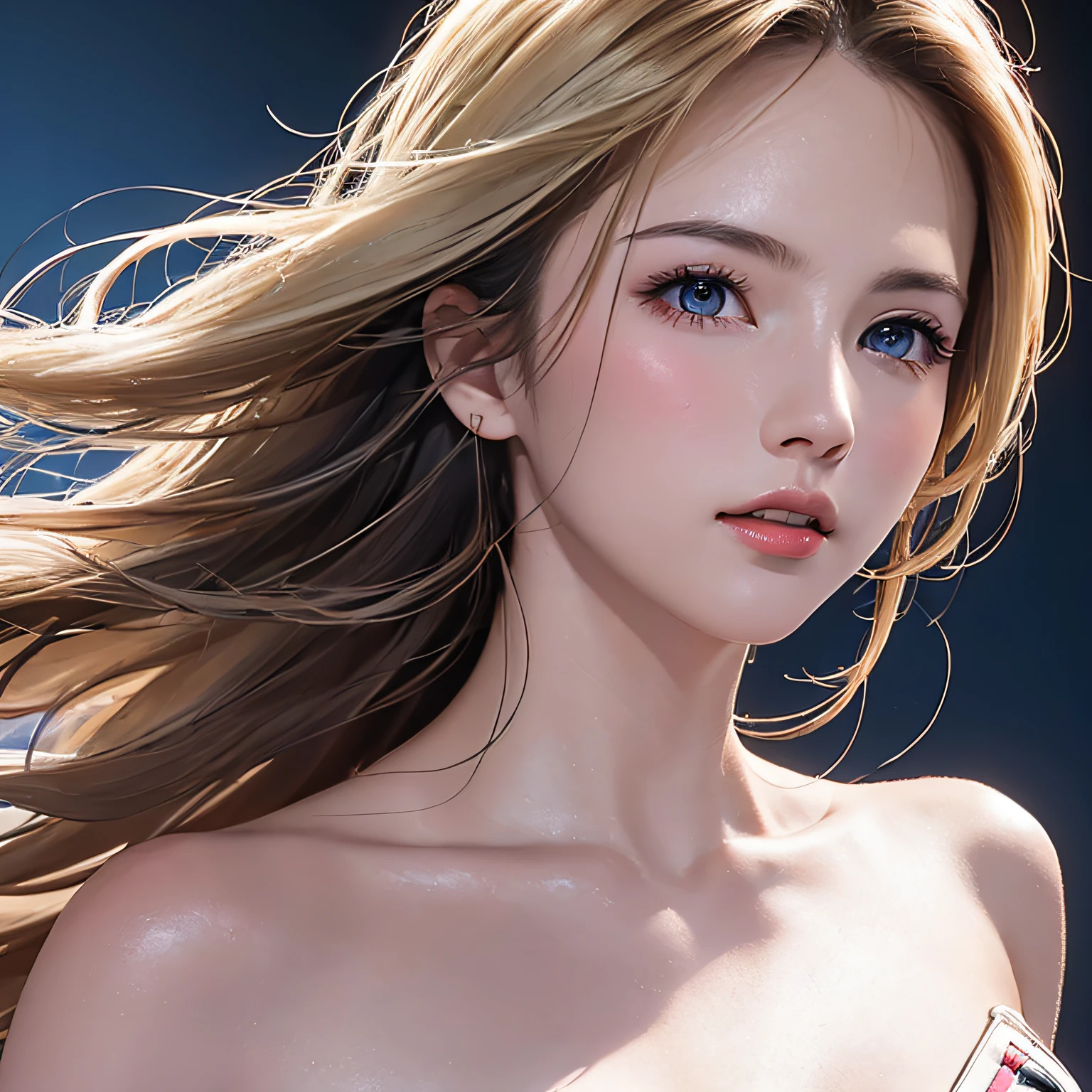 (8K, RAW Photos, of the highest quality, Masterpieces: 1.2), (Realistic, Photorealistic: 1.37), Highest Quality, Ultra High Resolution, light leaks, Dynamic lighting, Slim and smooth skin, (Full body:1.3), (Soft Saturation: 1.6), (Fair skin: 1.2), (Glossy skin: 1.1), Oiled skin, 22 years old, Night, shiny white blonde, Well-formed, Hair fluttering in the wind, Close-up shot of face only, Physically Based Rendering, From multiple angles, maikurobikini、radiant lips