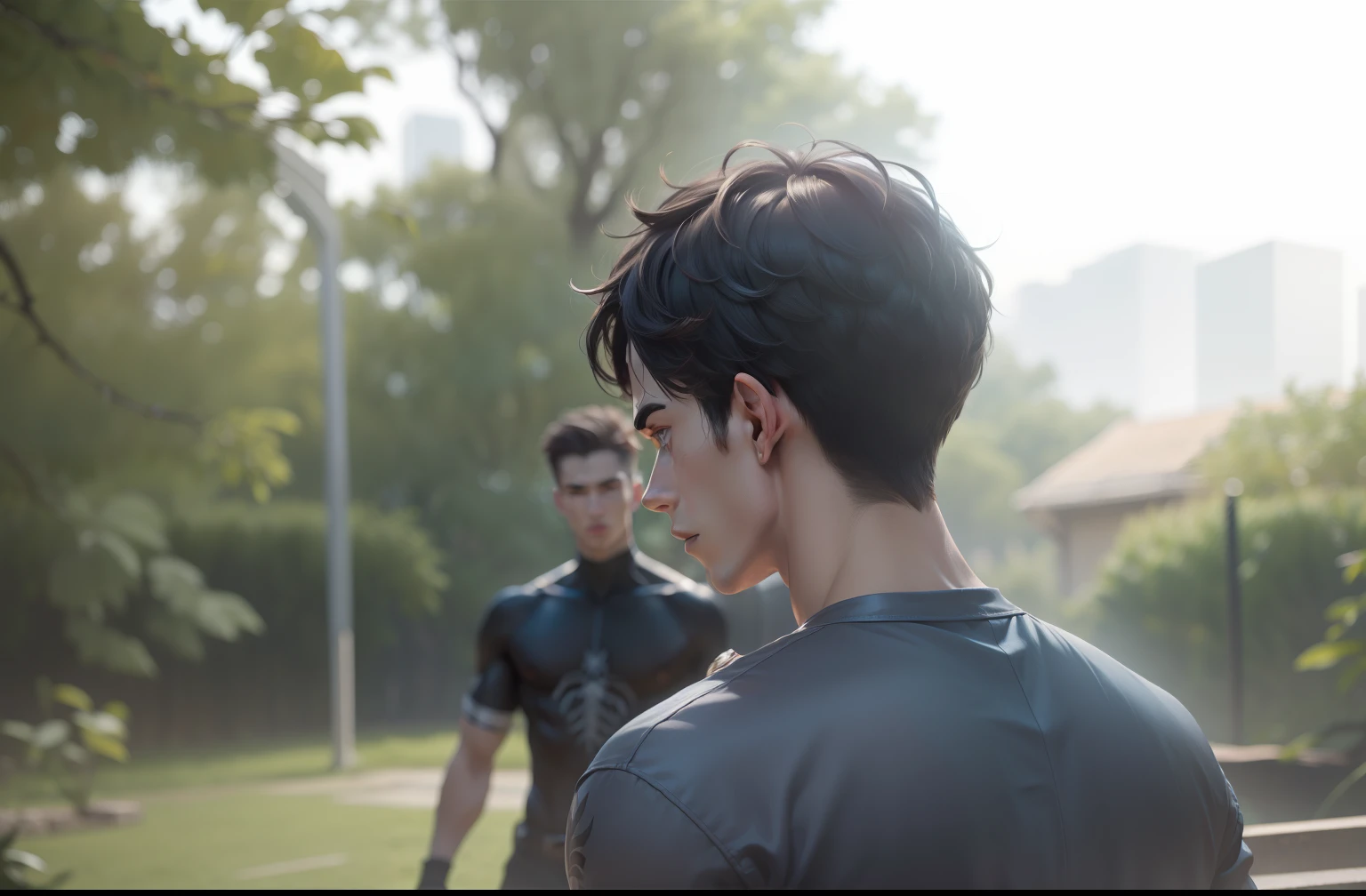 A Young man , 1boy, white skin , detailed skin, 1boy, ((realistic)), abs, good lighting quality, muscle veins, ((pale skin)), footballer, (masterpiece, ultra quality, high resolution, 8k, intricate:1.2), (detailed face:1.2), handsome, , bulge, 1boy,solo, (masterpiece, best quality:1.2), solo, male focus, 1boy, expressionless, looking at viewer, squatting, short hair, (streaked hair:1.1), red eyes, spider suit, spider web print, spider web, rooftop, balance eyes