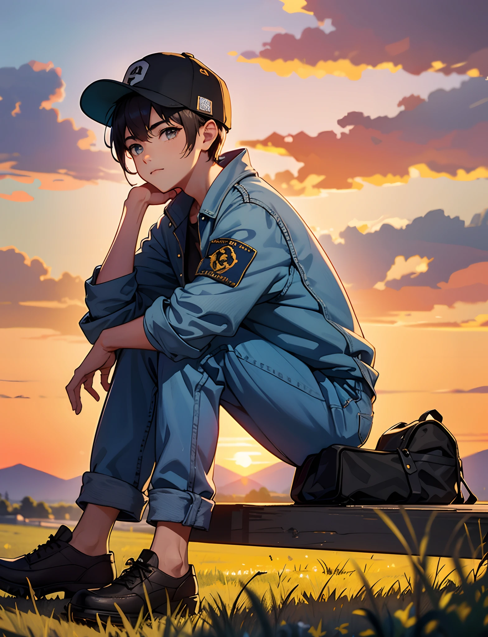 A young boy with,Wear a denim jacket,With a baseball cap,Sit on the rocks of the meadow,Looking at the sky,The background is the village,Sunset and sunset,Full body photo,Ultra-high definition