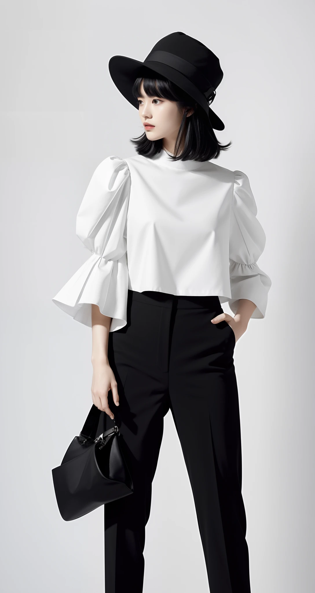 Ala Fed woman in black hat and white blouse and black pants, voluminous sleeves, puff sleeves, cropped wide sleeve, Jil Sander Official Editorial, Detached sleeves, white and black clothing, inspired by Tadashi Nakayama, loose - fitting blouses, Wearing a cropped top, wearing a cropped tops, official valentino editorial, white puffy outfit