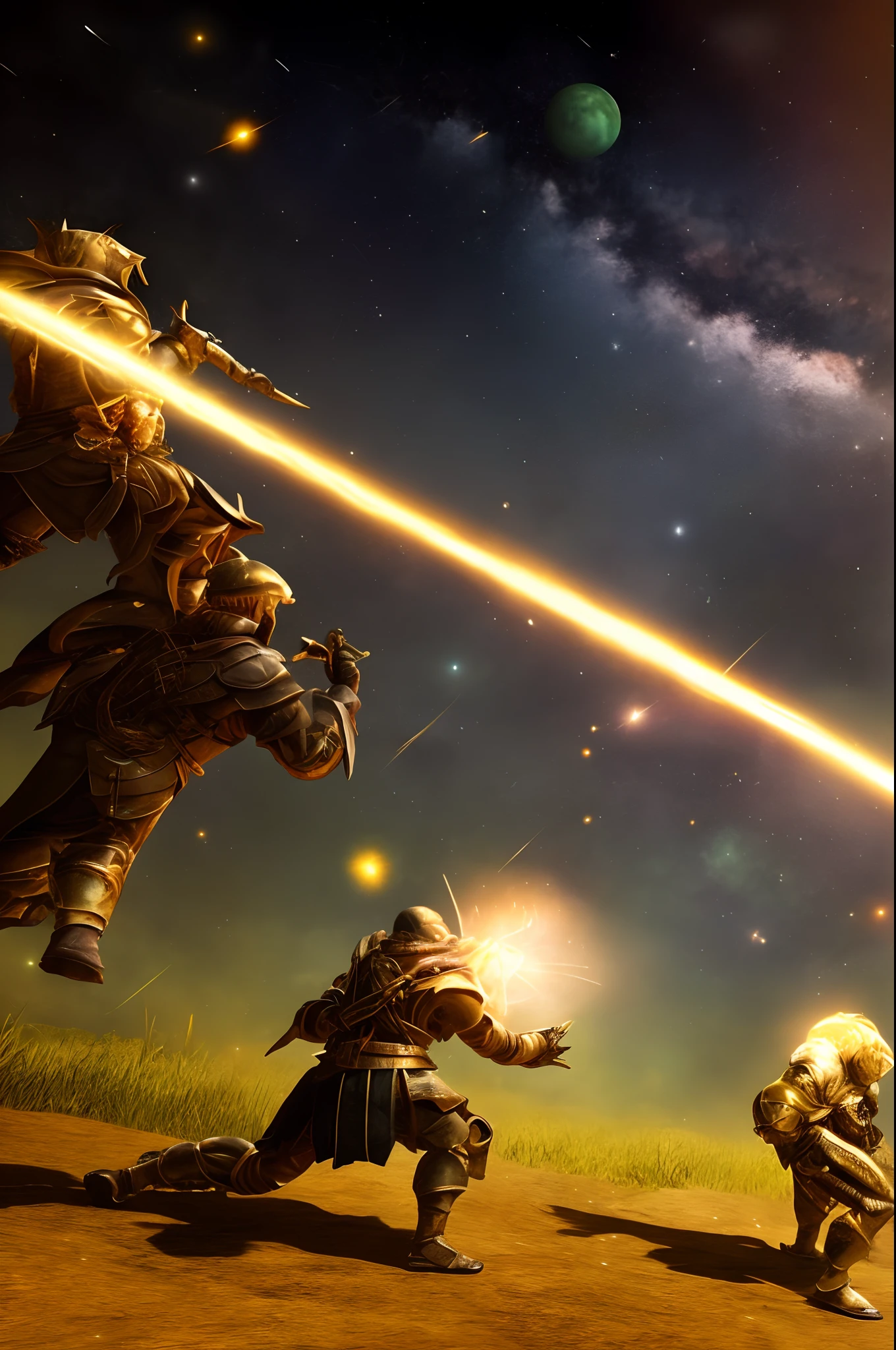 Two ancient heroes,A golden armor,A black wallet,Behind it is a meteor shower
SIZE 1536X1824