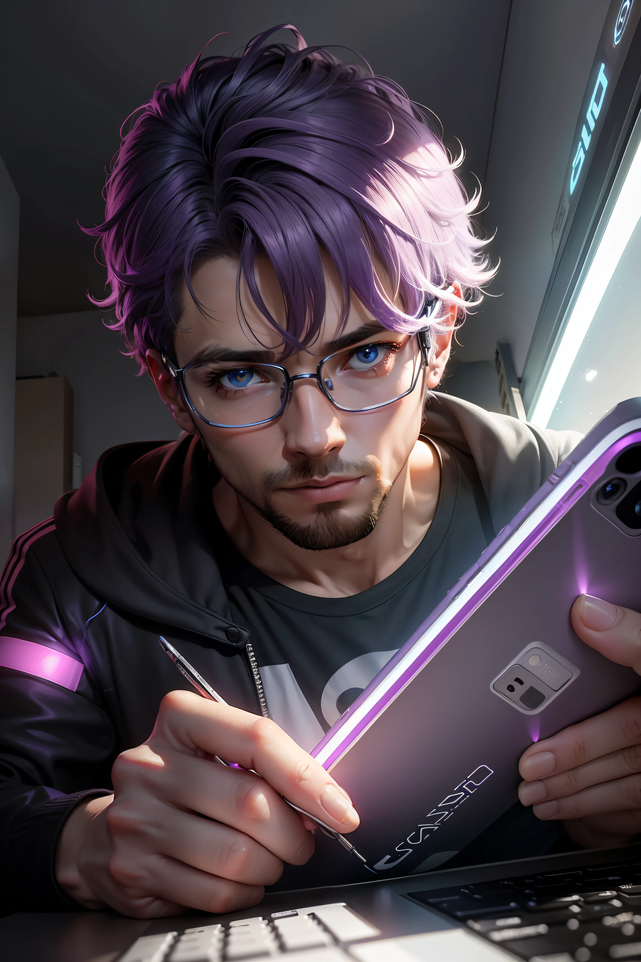 Homem sentado em uma cadeira, estudando em seu computador, with magical visual effects, com brilhos espalhados pela parede, usando um fone de ouvindo com luz neon lilas ambiente hd, 4k, com fumasas e bilho