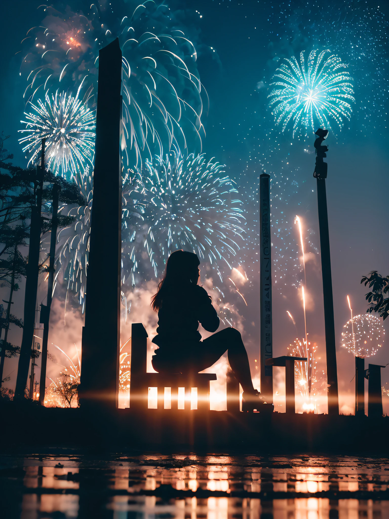 RAW Photography, octans, Skysky, stele(Skysky), landscapes, starrysky, natta, 1girl in, nigh sky, Fireworks Festival, Lots of fireworks, 独奏, plein air, built, ​​clouds, milkyway, sitting on, posterior view, length hair, 城市, (silhuette:1.4), Cityscape