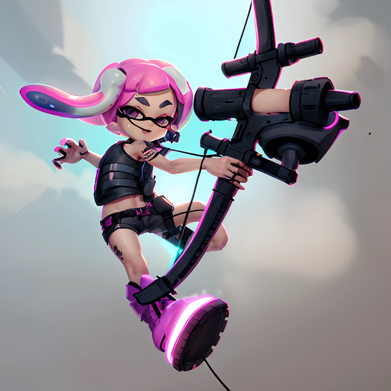 Drawing of a girl with a bow and a bow - a sling, Female protagonist , with splatoon style, cellshading!!!,, video game fanart, With a tattoo of a squid, gadget hackwrench, Splatoon 3, high quality fan art