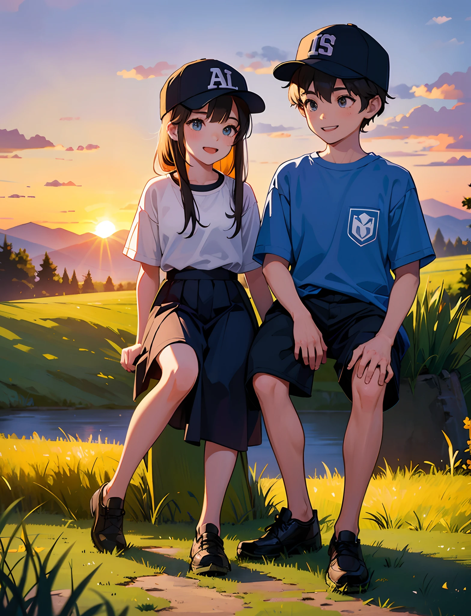 A happy  boy and girl，Dressed in casual attire，With a baseball cap，Sit on the rocks of the meadow，The background is the village，Sunset and sunset，Face the camera，Full body photo，Ultra-high definition