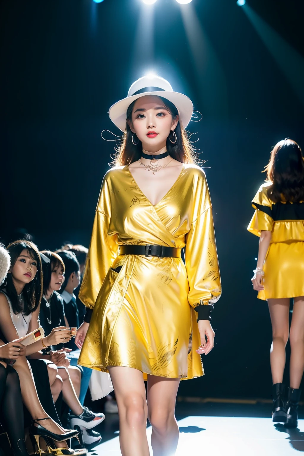 (8K分辨率,Full body photo in the distance,Photo of the halfway over the leg,Realistic wallpapers),(1 female,18yr old,(The facial features of Anhui Komuro:1.6,Wide skeletal cheeks,s delicate face),com rosto detalhado,(Delicate Japanese makeup,Stage pop makeup),Lovely face,com rosto detalhado,详细的脸,Ultra-fine makeup,Black colored eyes,(Look into the distance),Long gradient blonde hair,(By bangs,Messy has layers),Redlip,Fair smooth skin,(Best Skin Type:1.21),mediuml breasts,(Summer floral dress,wind coat,Sun hat,choker necklace,leather boots),Tall and tall,The action of flying kisses,perfect hand,Ultra-fine clothing material),(Stage catwalk,Huge LCD screen,Exquisite stage details,(Vista view of the catwalk,Outdoor catwalk,Tokyo fashion show,neonlight,There were a lot of spectators in the audience,Model on the catwalk)),(exhilarated,confident smile,Rejoice),(Various stage lighting assistance,profesional lighting,动态照明),((Color contrast,Subtle sexiness,vivaciousness,rays of sunshine(white colors,greys,black in color))),(Golden section,Cinema lenses,Dynamic shots,Hasselblad photograp,tmasterpiece:1.3),(adolable,rays of sunshine,vivaciousness,Petite and lovely,dream magical,Little woman,trendsetting,Street style,Artis,Art platform)