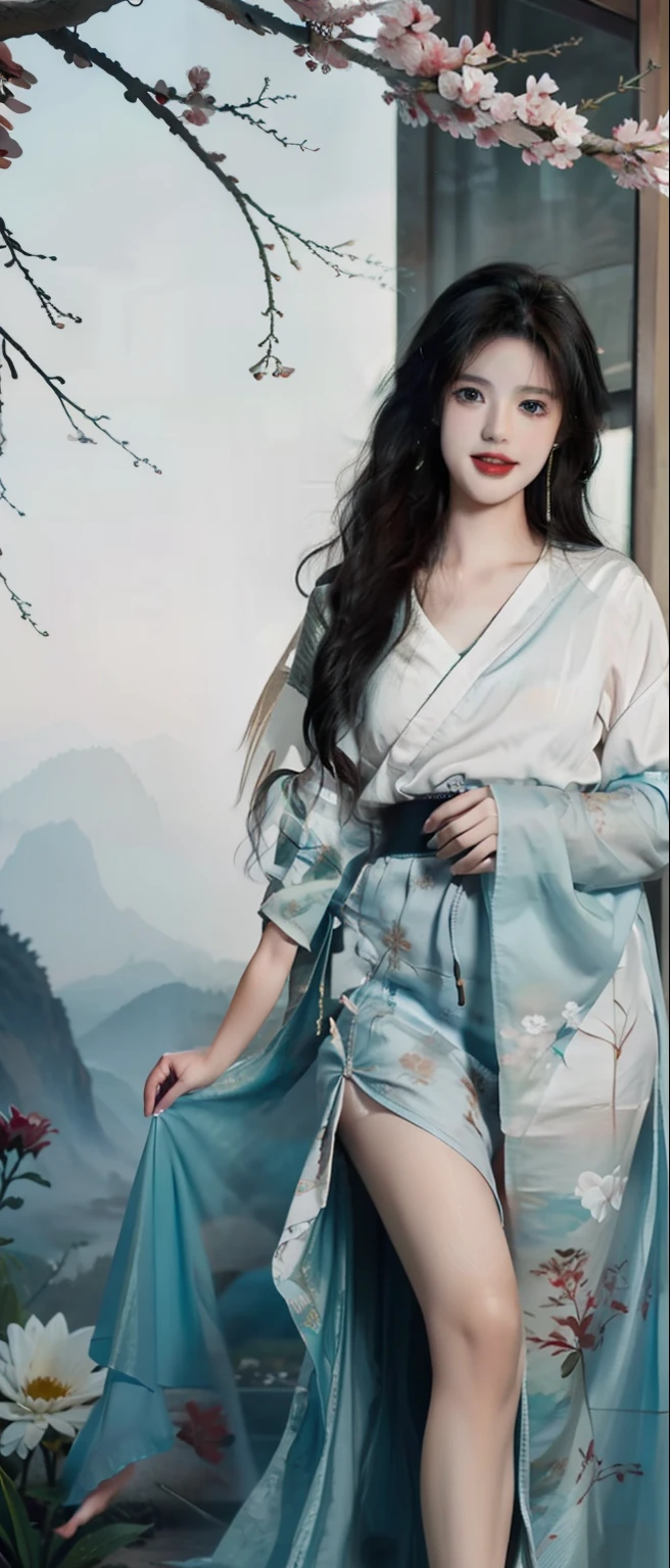 ((4k,masterpiece,best quality)), shuimobysim, traditional chinese ink painting, lotus, hanfu, maxiskit, dress conservatively 1girl, solo, long blue hair, smile, standing, feet in the water, barefoot,