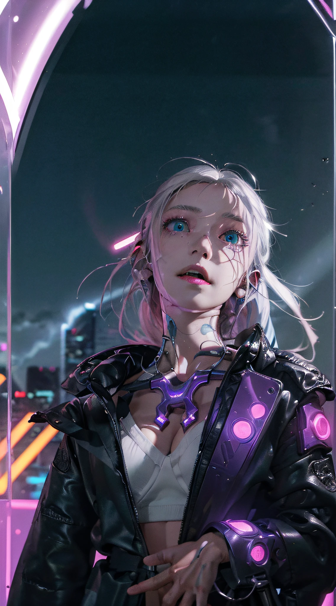 absurdres, highres, reflection, refraction:1.4, ultra detailed:1.4, (photorealistic:1.4, ultra high res, RAW photo), BREAK (cyberpunk:1.3), Android, robot_girl, silver hair, beautiful face with cool expression, In the dark decaying ruins, (super wide angle:1.2), shot from below BREAK ((neon lighting, vibrant glow, dynamic colors, striking contrast, futuristic vibe, electric energy, reflective surfaces))