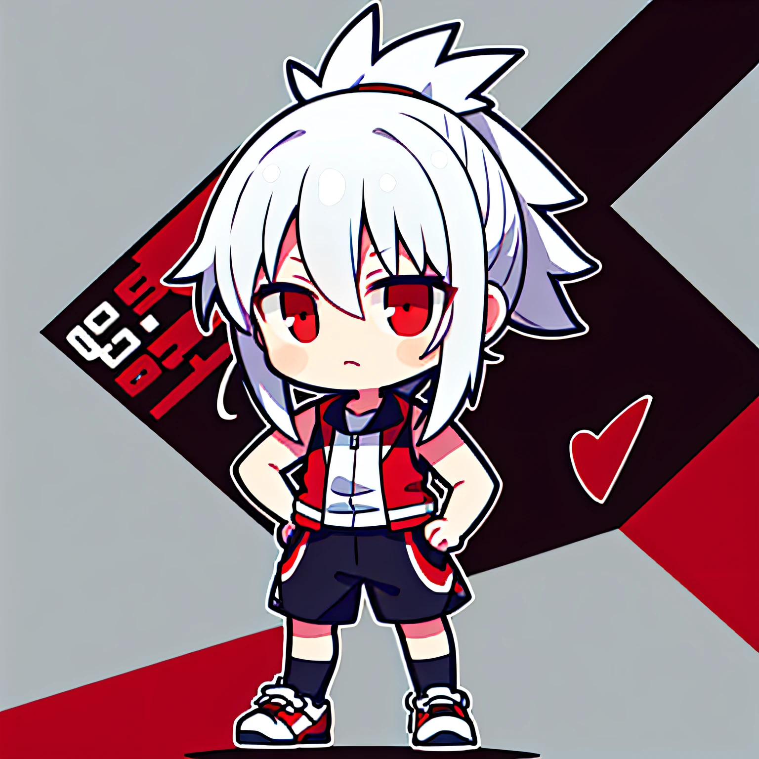 White hair, red eyes, standing, sports vest, sports shorts, board shoes, women's single ponytail, messy hair