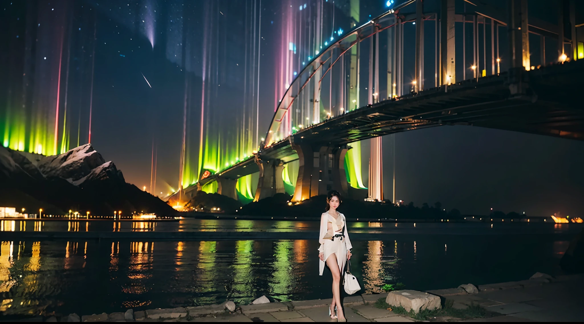Ultra-grand scenes，The ultra-wide-angle lens captures the appearance of the adventurer girl on location。The adventurer girl can always quickly change clothes for scene elements，And the change in clothing does not affect the display of her physical characteristics。The adventurer's extremely tall body has a tight and extremely concave S-shaped curve，Visual effects are exaggerated，The sternum of the adventurer mother narrowed and tightened，Abdominal coarctation and tightening，The waist narrows and tightens，to accentuate the slender lines of the waist and abdomen，And make her K-cup teardrop-shaped giant chest tightly restrained by the equipment strap。The adventurer's crotch is delicate and dexterous，But the buttocks are muscular，The silhouette is upturned and the thigh seam is deep，The pubic outline is pronounced。The adventurer's length is 67 percent taller than the bursting long legs%，The length is even taller than a normal person，And the hips and legs have round and beautiful lines。With tough and coquettish facial features, she is always as cheerful as the sun，Skyscraper Heels, a multifunctional off-road style with a strong sense of technology, was stepped on by her，Sometimes only her graceful figure can be seen，But her eyes shining like flame were always bright，She wears delicate and practical field gear on her hands, feet, wrists, neck and shoulders，The high-tech detection equipment flashes a variety of cue lights and neon-like information light screens，Let her always be surrounded by a charming colorful brilliance。Use Midjourney's advanced stroke tools and color palettes, as well as tools like texture packs and model packs, to create special bodysuits that inspire adventurers，While having good performance，Reflect the unique physiological characteristics of the adventurer in different postures and handle the corresponding appearance details，Make the picture look more coordinated，Add realism even further。The adventurer scenes, always offer spectacular views of these