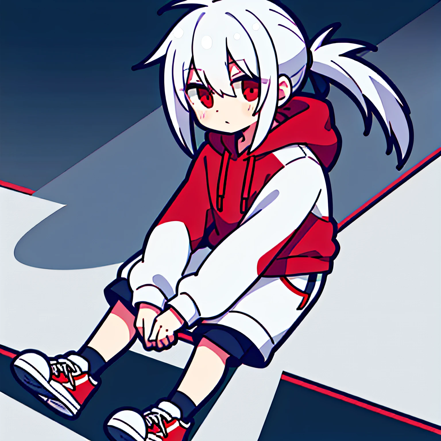 White hair, red eyes, sweatshirt, sports shorts, board shoes, women's single ponytail, messy hair