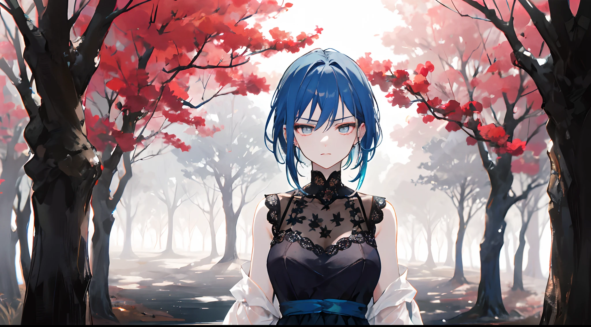 Generate in the style of a mature woman with bright cerulean blue hair, donning casual white attire, set against the backdrop of a sunlit forest. Her countenance exudes a subtle tinge of melancholy, while her eyes, a striking crimson hue, reflect both intensity and a touch of sorrow