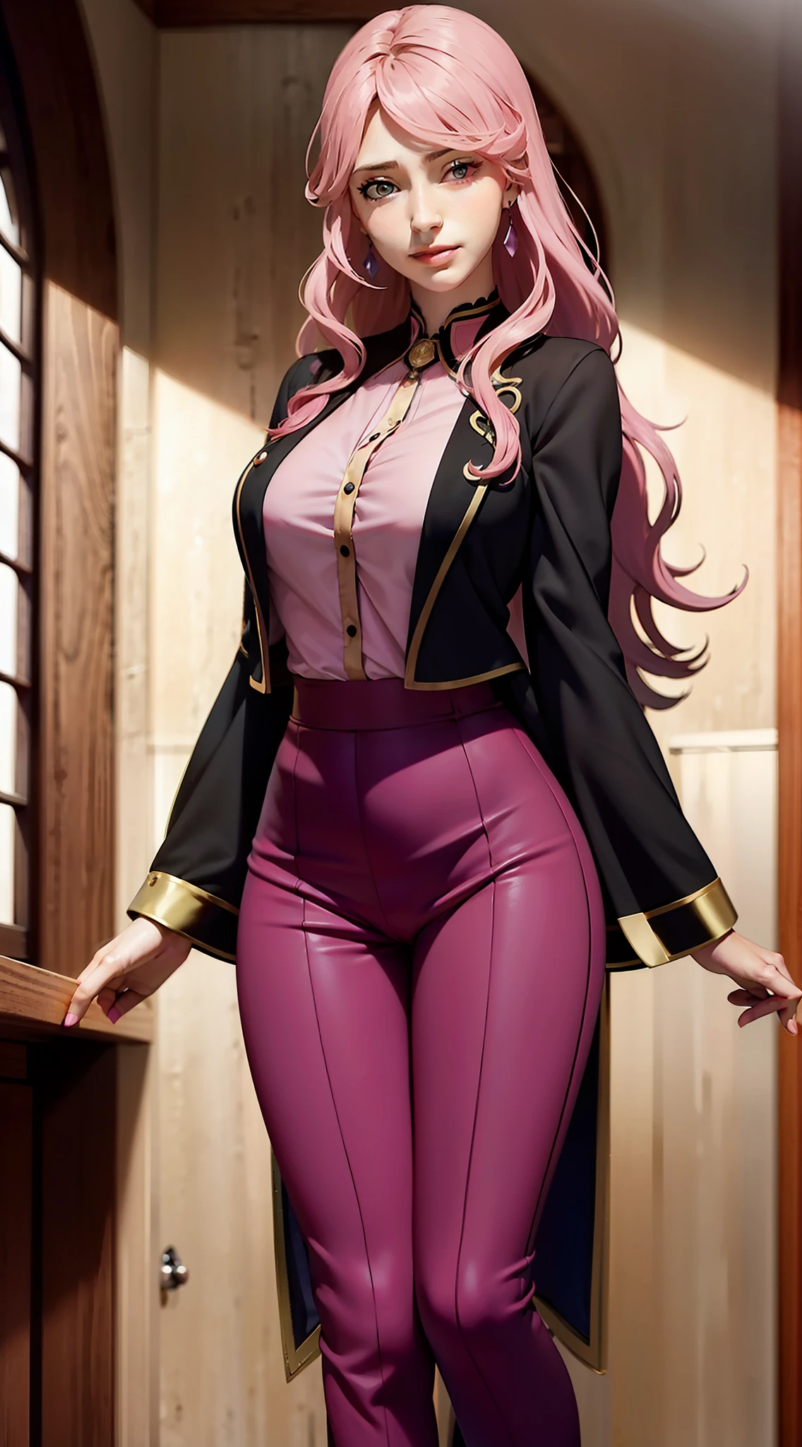 vannesa from black clover anime, pink hair, long hair, beautiful, beautiful woman, standing, perfect body, full body, looking at the audience, wearing formal clothes, wearing pink shirt, wearing black blazer, wearing pink trousers, wearing watch, wearing earrings, being in the office, being in the office, hd quality, 8k, conon photo, photo realistic, style realistic, good lighting.