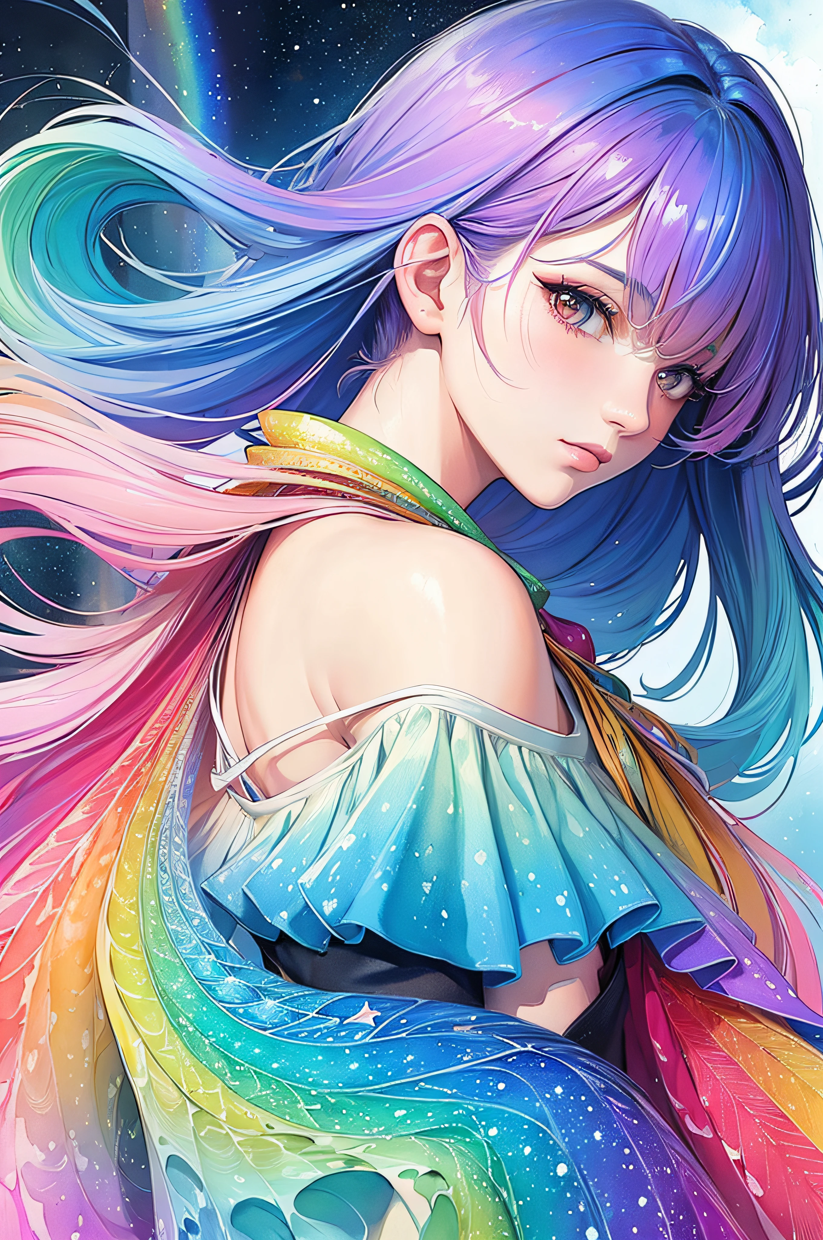 (masterpiece, top quality, best quality,watercolor (medium),official art, beautiful and aesthetic:1.2),(1girl:1.3), (fractal art:1.3),upper body, from side, looking at viewer,patterns,(rainbow color Hair,colorful hair,half blue and half pink hair:1.2),water,liquid, cloud,colorful, starry,stars,