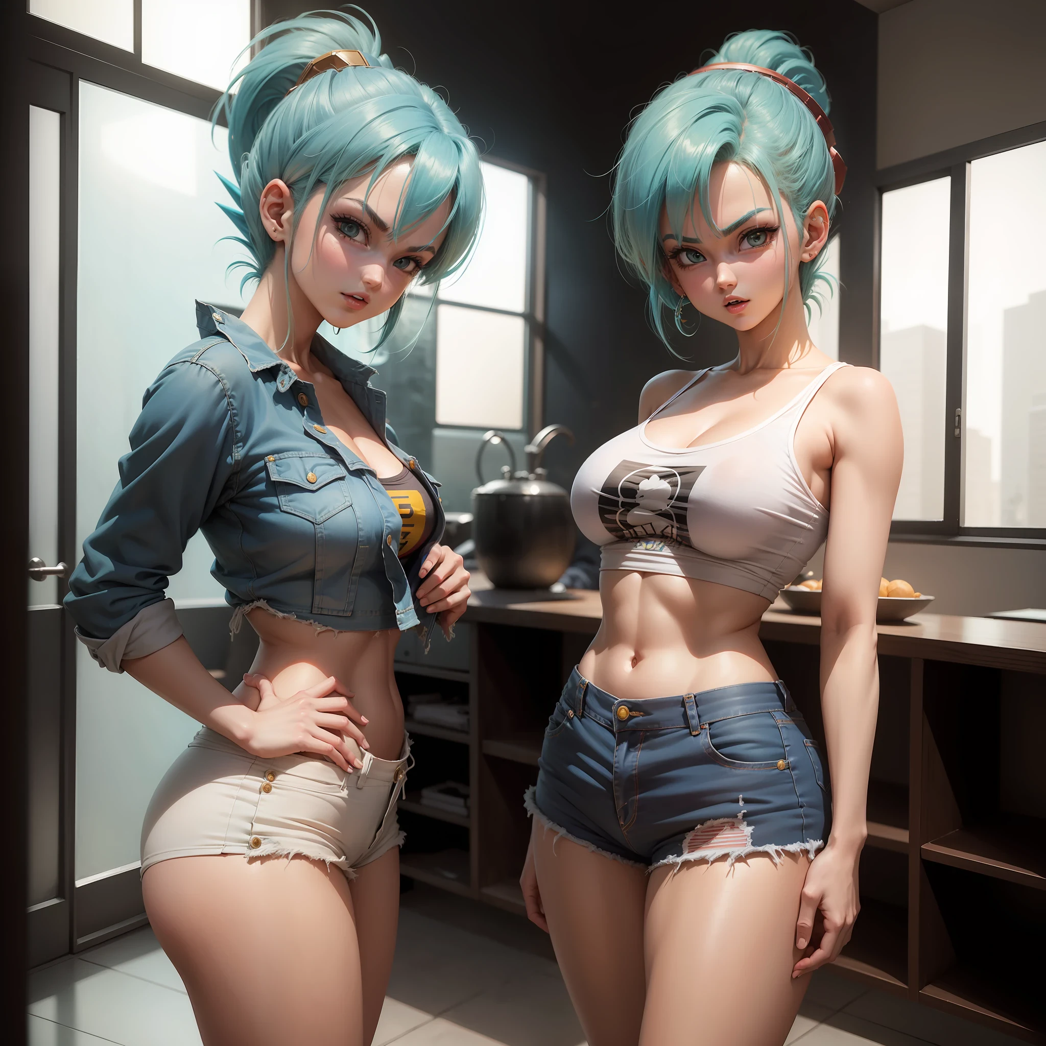((Bulma de dragon ball)), sentada, na poltrona, blusa branca manga curta, shorts jean, roupa detalhada, cabelo azul, 27 anos, rosto perfeito, melhor qualidade, estilo anime, anime girl, ray tracing.