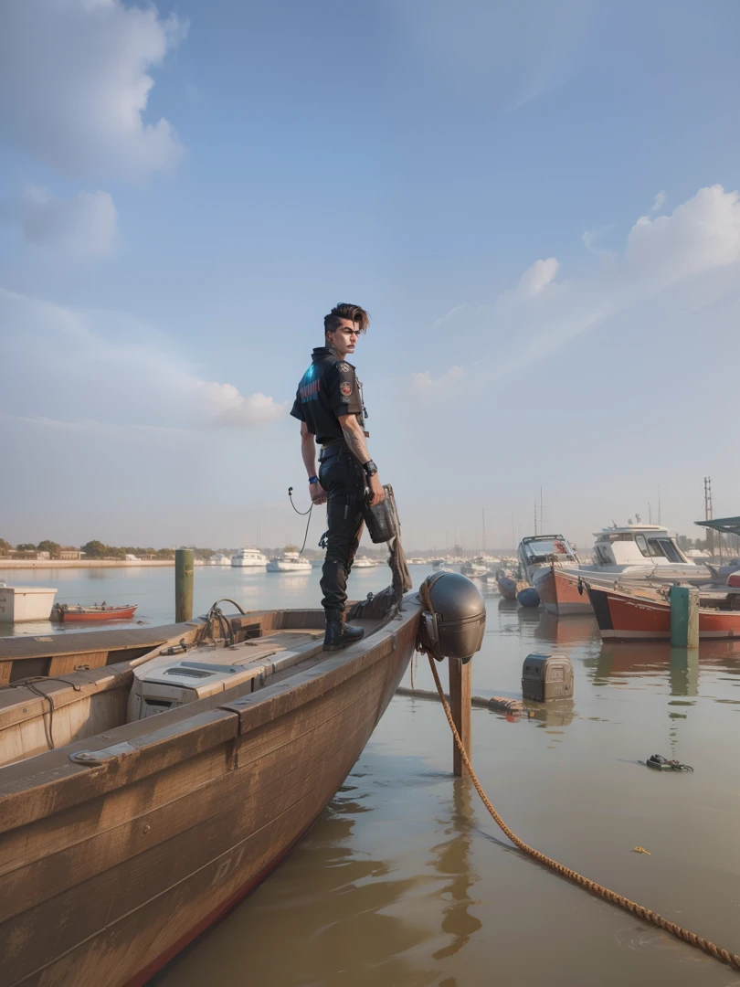Background change cyberpunk handsome boy with brand boat ultra modem realistic face