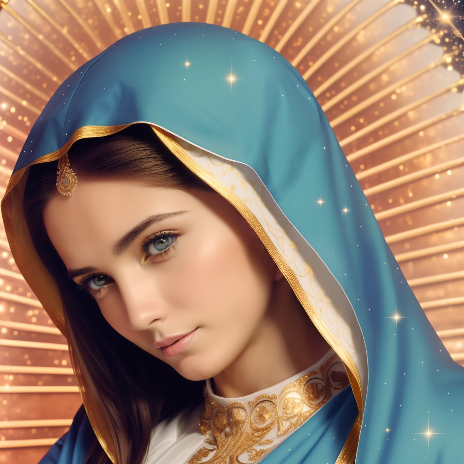 ((Blessed Virgin Mary. 19 years old))) ((( Con una cara seria y piadosa. Con una mirada dulce y tierna))) (obra maestra, calidad superior, mejor calidad, arte oficial, beautiful and aesthetic: 1.2), (1girl), extremadamente detallado, (Arte fractal: 1.3), colorido, highest detailed, Cara perfecta, parte superior del cuerpo, HDR, (orando: 1.3), (golden lines of white coat: 1.2), galaxia, (rayas de luz), eye-catching visuals, (dynamic stripes, senderos luminosos: 1.2), colores vibrantes,