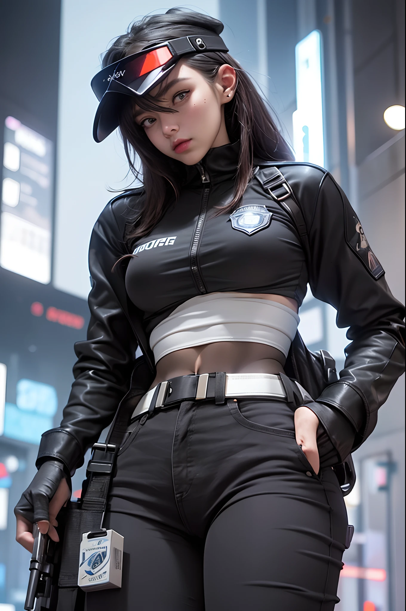 Mech warrior, Beautiful woman medium hair, wearing cap, cyberpunk style short clothes, cyberpunk police woman, tomboy, Traffic Police, flying futuristic police motorcycle, police hovercycle patrol, night, neons,Beautiful woman medium hair, wearing cap, cyberpunk style short clothes, cyberpunk police woman, tomboy, Traffic Police, flying futuristic police motorcycle, police hovercycle patrol, night, neons