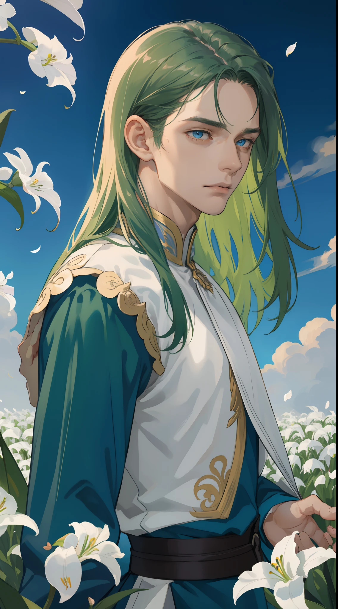 masterpiece, best quality, realistic, 1man, male focus, male model, tall muscular, handsome, closed mouth, simple clothes, portrait, extremely detailed face, green sholder-length hair, flying bangs, blue eyes, flying petals, white background, simple background, SIDE VIEW, looking at the viewers, view from the back, lily of the valley field, MALE ONLY, MALE 4K wallpaper, landscape