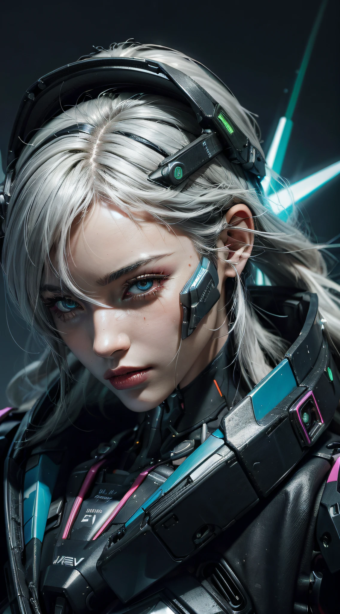 absurdres, highres, reflection, refraction:1.4, ultra detailed:1.4, (photorealistic:1.4, ultra high res, RAW photo), BREAK (cyberpunk:1.3), Android, robot_girl, silver hair, beautiful face with cool expression, In the dark decaying ruins, (super wide angle:1.2), shot from below BREAK ((neon lighting, vibrant glow, dynamic colors, striking contrast, futuristic vibe, electric energy, reflective surfaces))