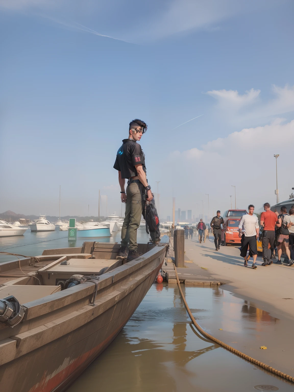 Background change cyberpunk handsome boy with brand boat ultra modem realistic face