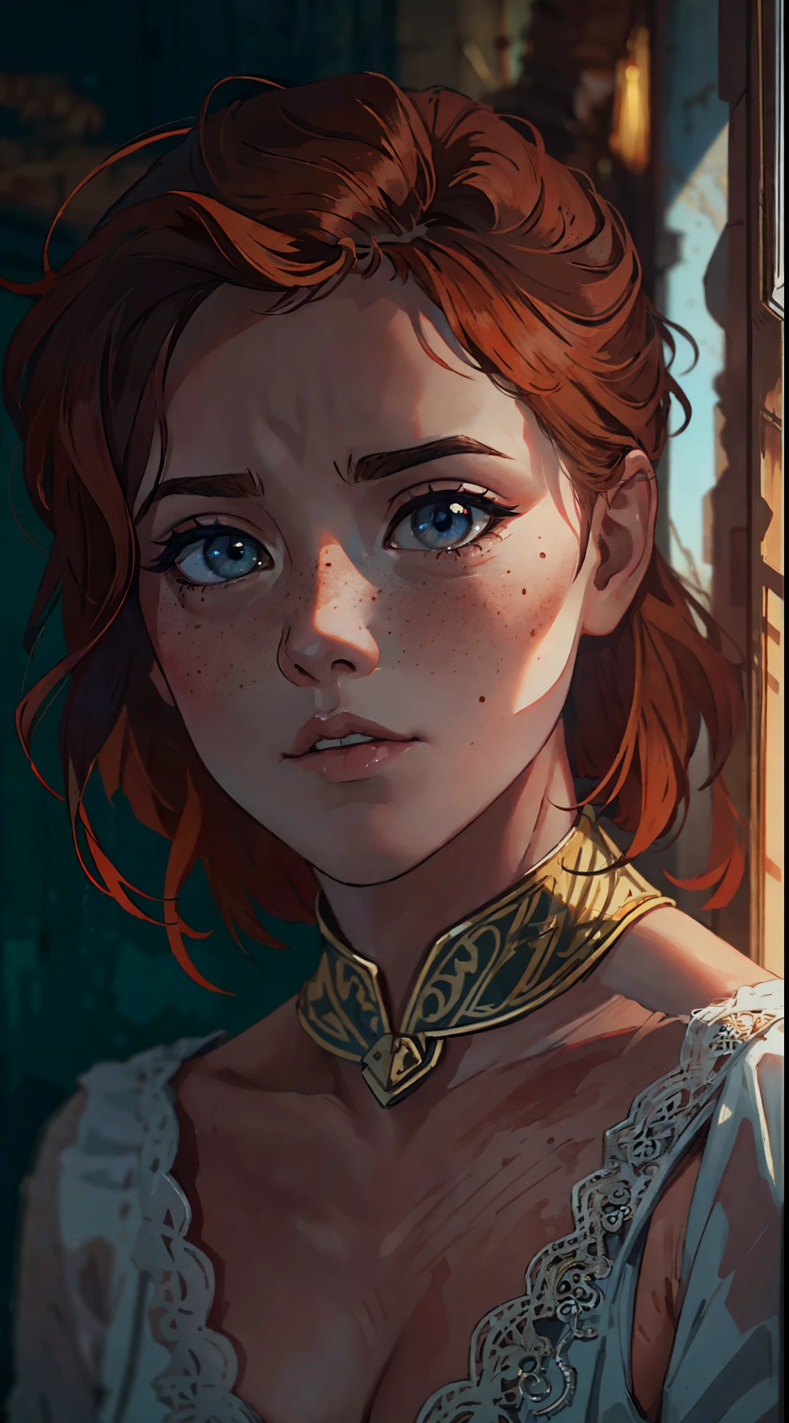 (8k, RAW photo, highest quality), beautiful girl, close up, dress, (detailed eyes:0.8), defiance512, (looking at the camera:1.4), (highest quality), (best shadow), intricate details, interior, ginger hair:1.3, dark studio, muted colors, freckle