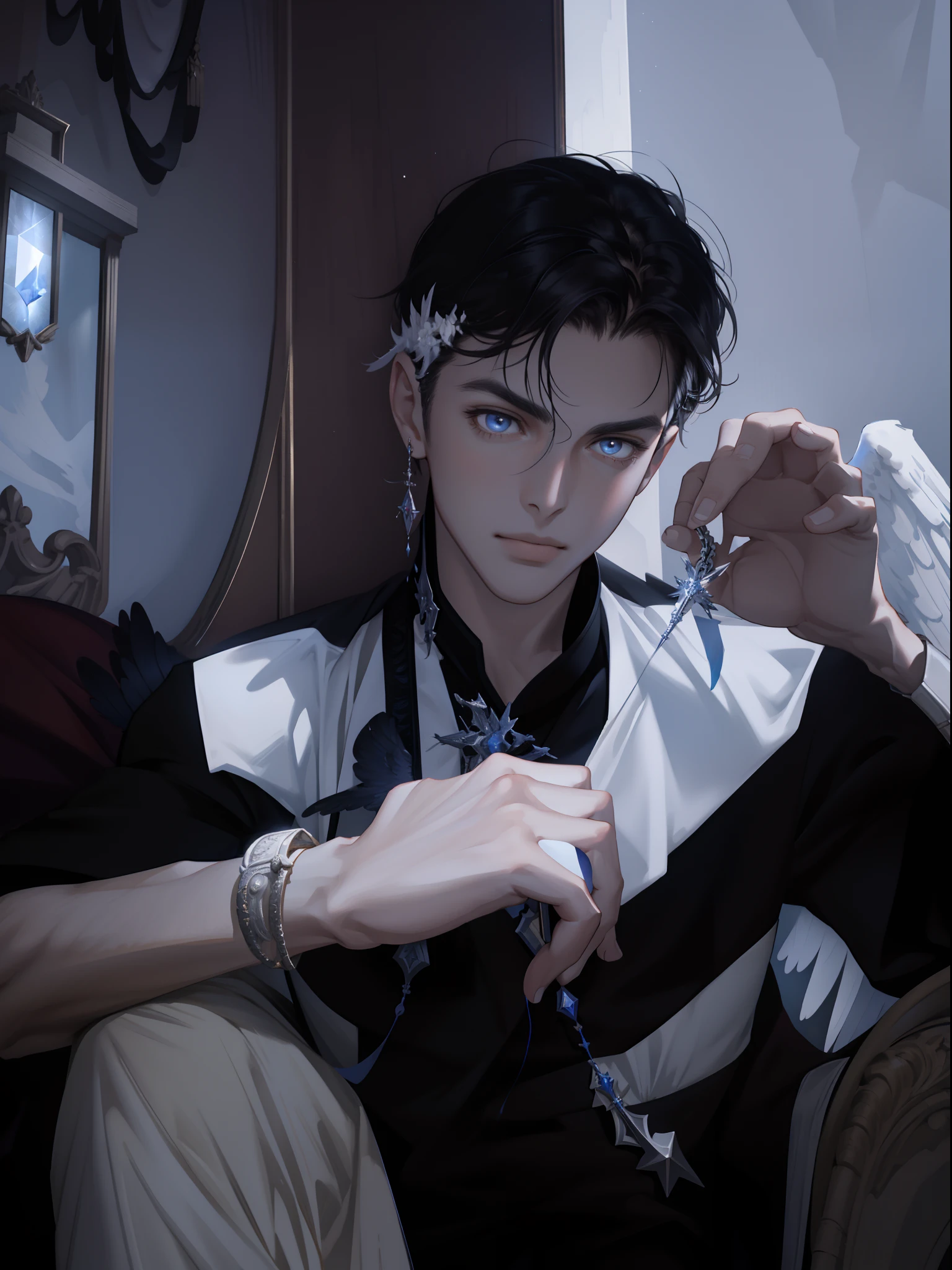 (masterpiece, best quality), 1 male, solo, adult, handsome, tall muscular guy, broad shoulders, finely detailed eyes and detailed face, extremely detailed CG unity 8k wallpaper, intricate details, angelic messenger, feathered wings, celestial realm, divine messages, Grace, Purity, Compassion