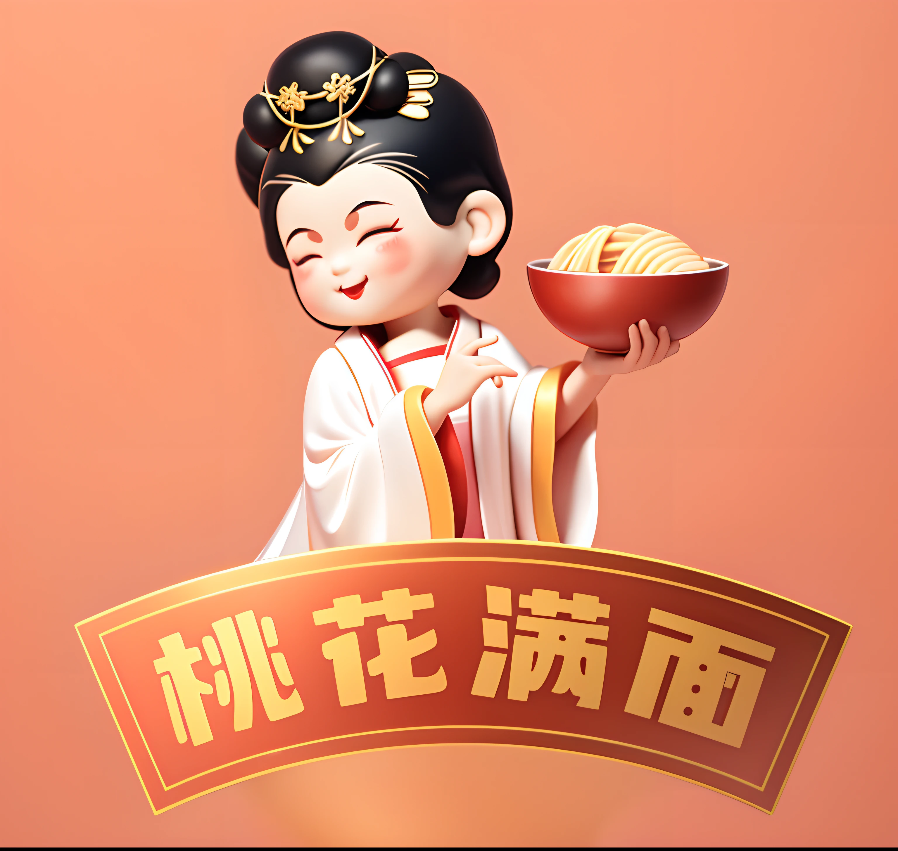 (Masterpiece),(Best quality),(Ultra detailed), Masterpiece, High quality, Best quality, 3Drenderingof, 1girll, Holding a bowl of noodles in his hand, Bright red bowl,Cherry small mouth, Squint and smile, (Black bun:1), (Black color hair:1),white backgrounid, Redlip, ssmile, The index finger of the right hand points to the bowl, golden headdress, Orchid finger, Chest covering, Tang dynasty lady,the Tang Dynasty,Pink underwear,white clothes,(Bright red bowl:1),white backgrounid,