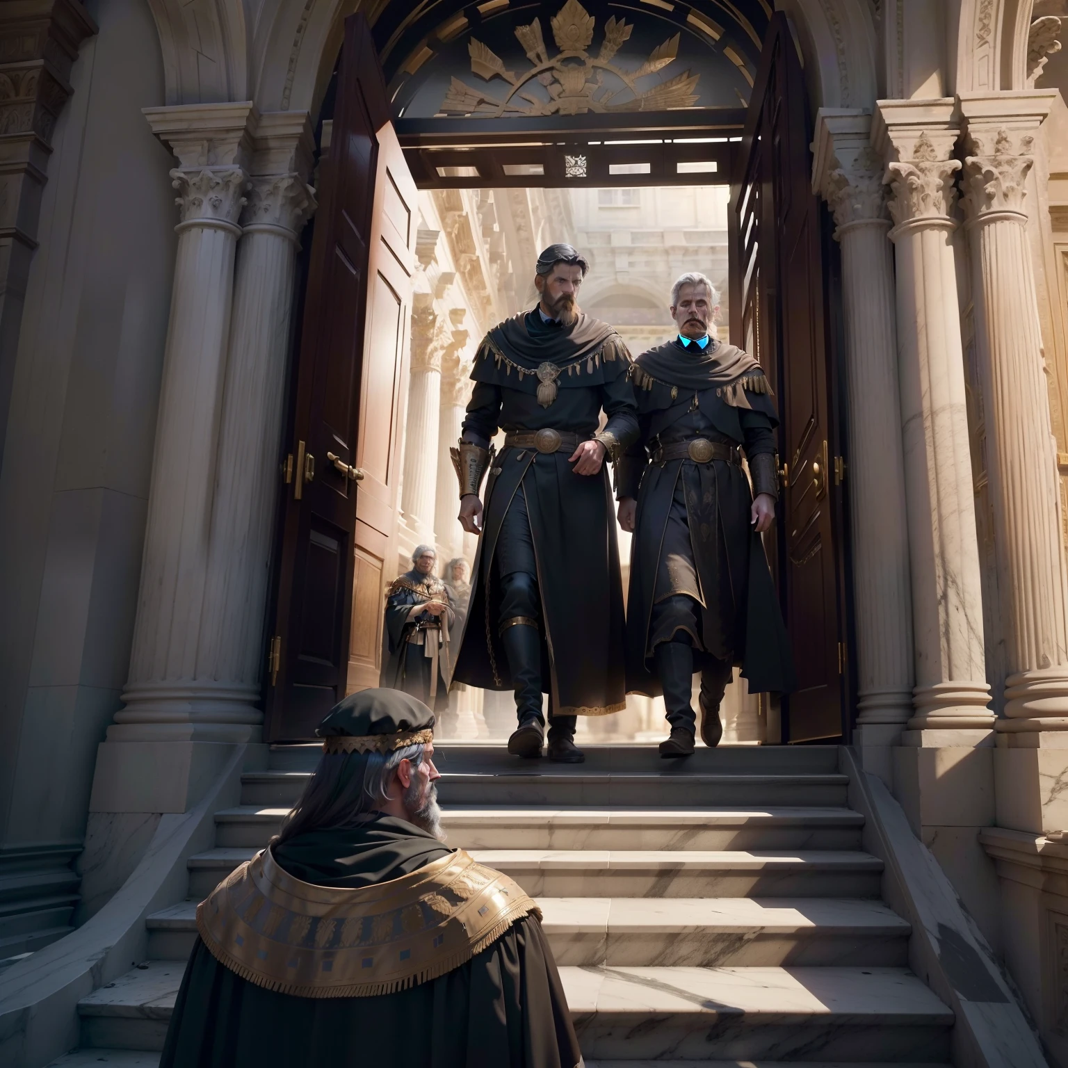 ((Majestic and ominous) Roman senators dramatically entering the grand (Roman Senate building) with lifelike expressions. Unveiling their plot). Incredibly detailed faces. Historical.