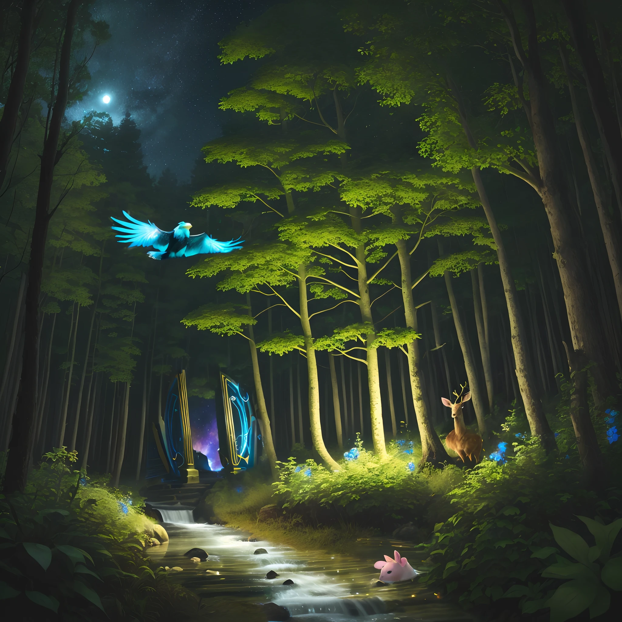 A buck with its neck and head exposed,The antlers are green and also grow several small golden glowing flowers,The fawn is bluish white with a little transparent glowing feeling