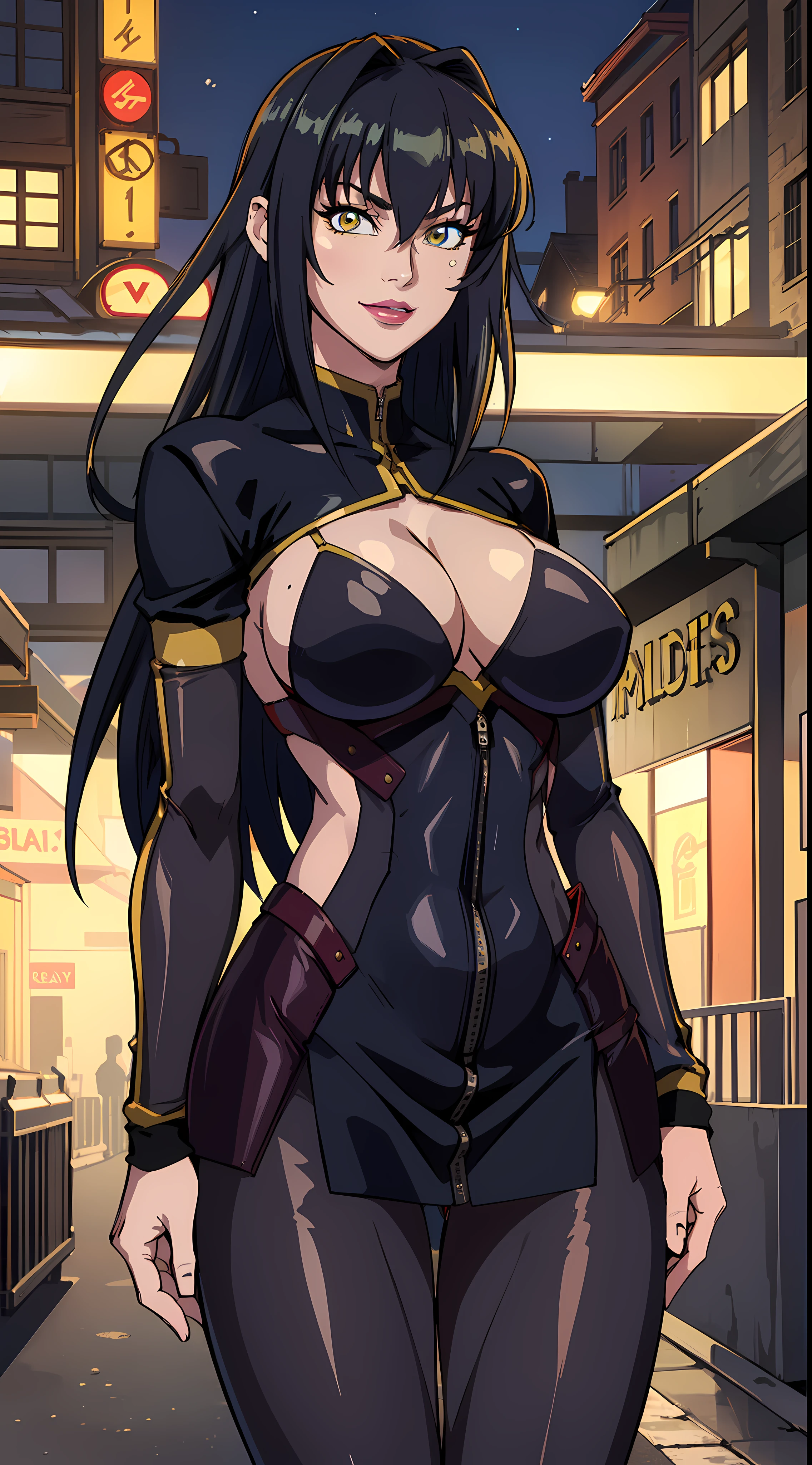 ((Realistic lighting, Best quality, 8K, Masterpiece: 1.3)), Focus: 1.2, 1girl, Perfect Body Beauty: 1.4, Slim Abs: 1.1, (Outdoor, Night: 1.1), City Street, beautiful Face, beautiful Eyes, Double Eyelids, Annerose, 1girl, female mature, black hair, long hair, yellow eyes, large breasts, bodysuit, higheels, shiny clothes, skin tight, hair intakes, covered breasts, sideboob, cleavage, (solo:1.4), intricate detail, (((hyperdetailed face, hyperdetailed eyes, hyperdetailed lips))), looking at viewer, (smile, happy)