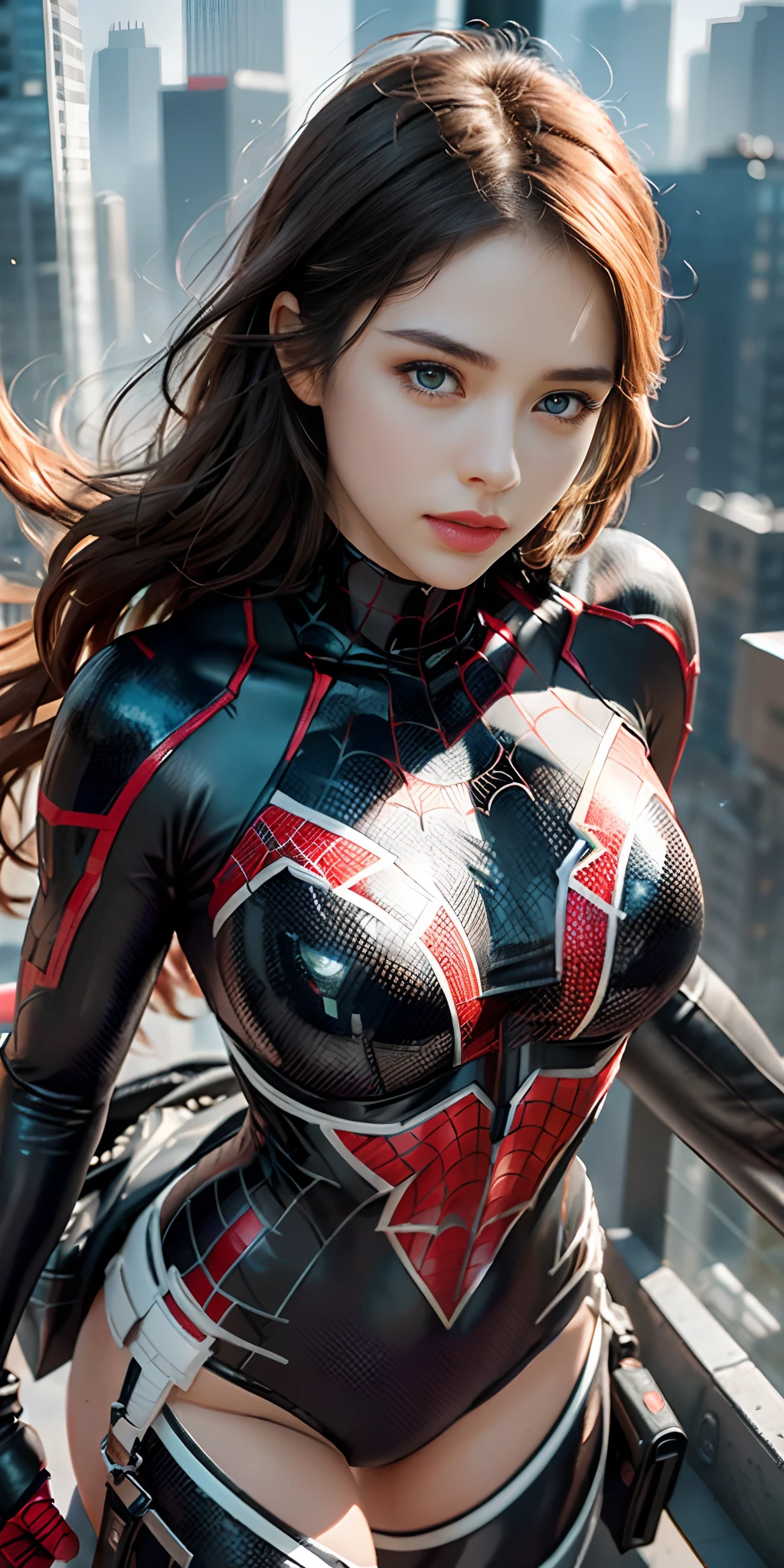 (1girl:1.3), Solo, (((Very detailed face)))), ((Very detailed eyes and face)))), Beautiful detail eyes, Body parts__, Official art, Unified 8k wallpaper, Super detailed, beautiful and beautiful, beautiful, masterpiece, best quality, original, masterpiece, super fine photo, best quality, super high resolution, realistic realism, sunlight, full body portrait, amazing beauty, dynamic pose, delicate face, vibrant eyes, (from the front), She wears Spider-Man suit, red and black color scheme, spider, very detailed city roof background, rooftop, overlooking the city, detailed face, detailed complex busy background, messy, gorgeous, milky white, highly detailed skin, realistic skin details, visible pores, clear focus, volumetric fog, 8k uhd, DSLR, high quality, film grain, fair skin, photo realism, lomography, futuristic dystopian megalopolis, translucent