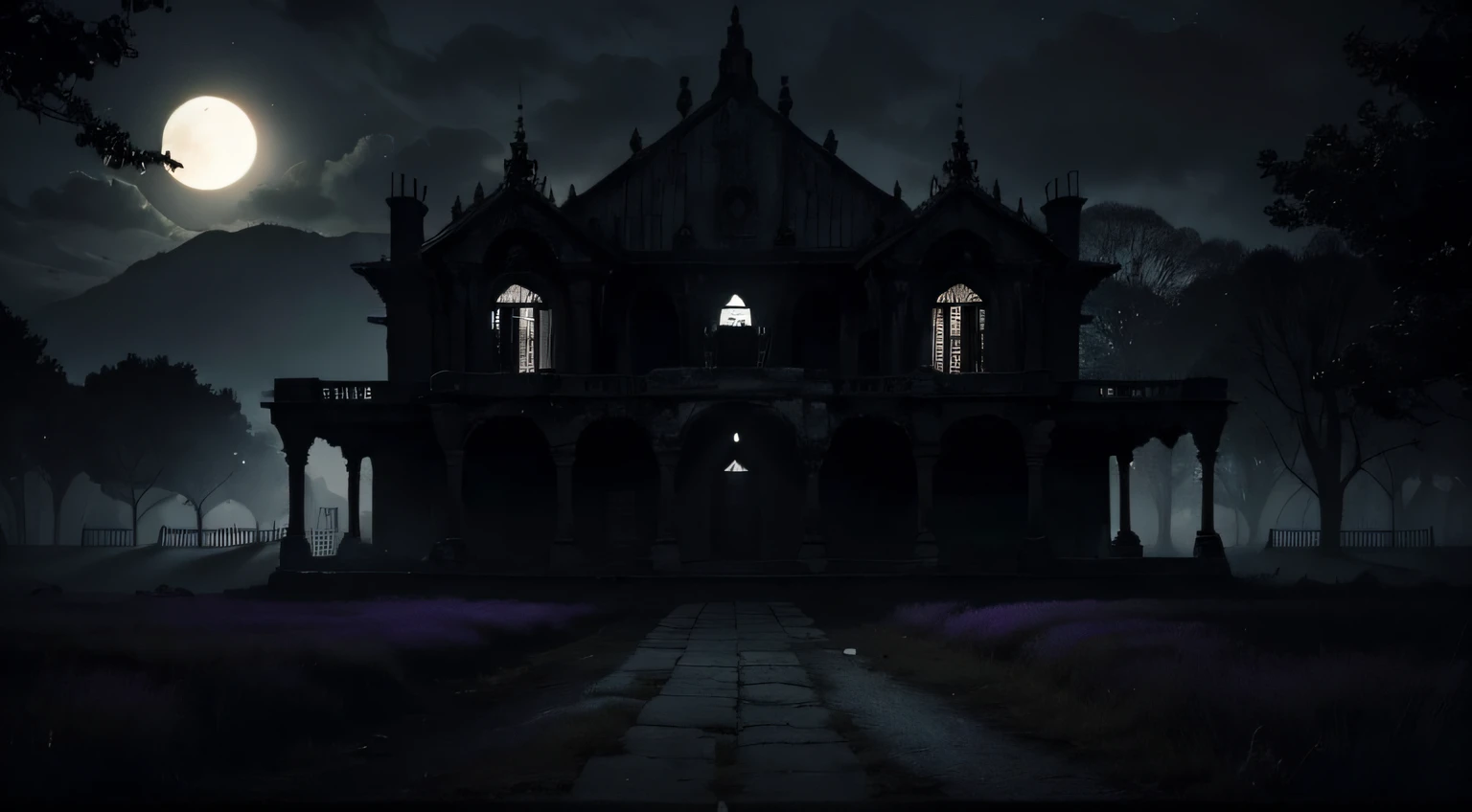 Componer un inquietante y macabro banner para el canal de YouTube 'Historias Macabras', sumergiendo a los espectadores en un mundo de terror. Create a night scene where a mansion in ruins, cubierta de enredaderas retorcidas y ventanas rotas, It stands ominously in the middle of a dense and gloomy forest. La luna llena, de un tono sepulcral, casts a pale but disturbing light on the scene, revealing sinister silhouettes and creatures lurking among the twisted trees. Agrega detalles como hojas marchitas que crujen bajo los pies, niebla espesa que serpentea por el suelo y ojos brillantes que parecen observar desde la oscuridad.Utilice una paleta de colores que evoca el escalofriante abrazo de la noche, con tonos profundos de negro, gris y morado.This banner will immerse viewers in a world of nightmares and anticipation as they venture into the 'Ghoulish Stories'.