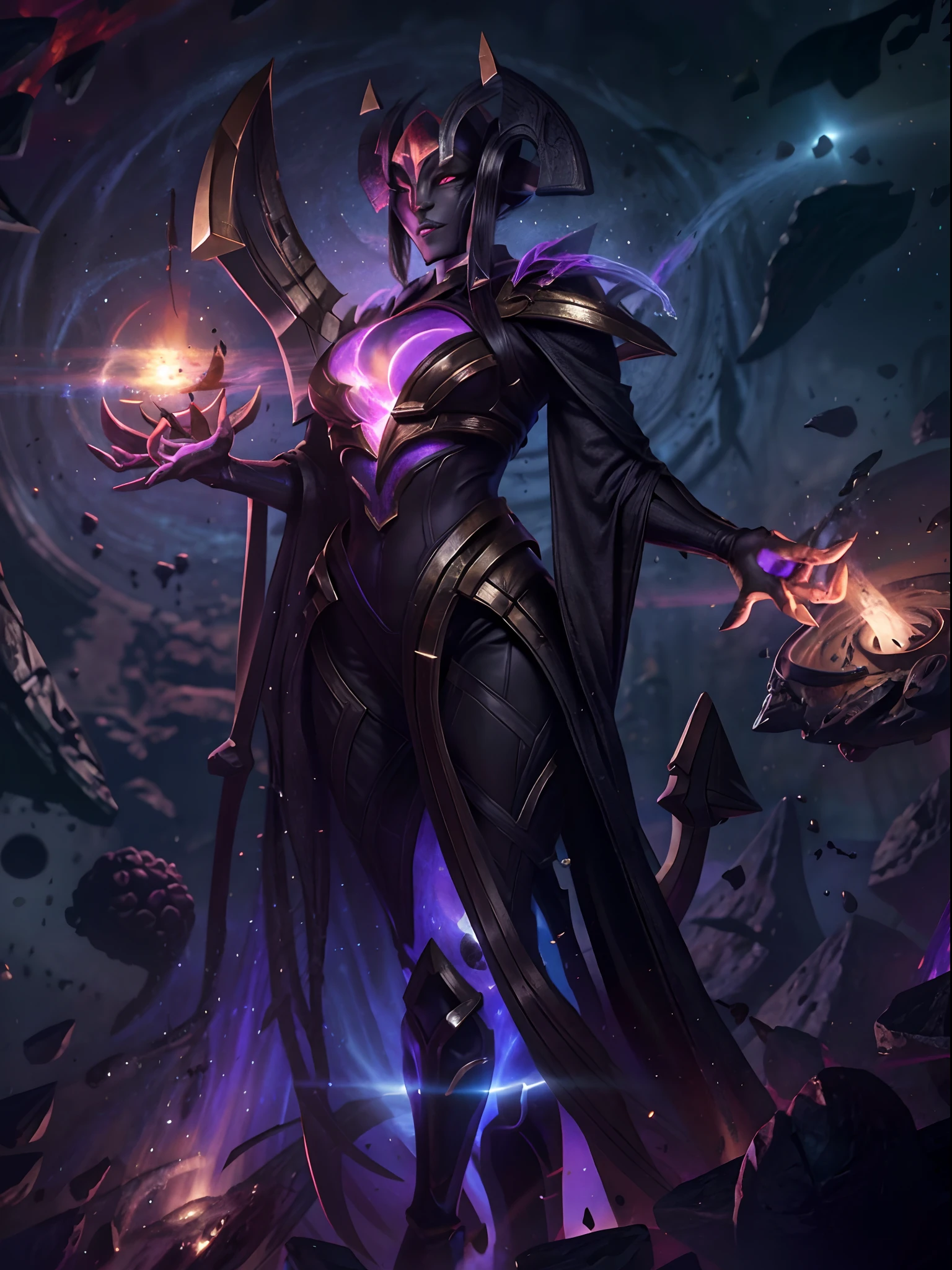 Hellbringers, Dressed in a black robe,Mask carved mysterious pattern,Eyes flashing with cold light,Fingers are long and beautiful,The voice is deep and beautiful,Lead sinful souls to judgment and punishment,Maintain balance and justice in the world, huge breasts, breasts out, shinny skins,fire on breast,darkstar style, glowing, space, planet, star /(sky/), black hole, glowing eyes, purple skin, colored skin,
armor, helmet