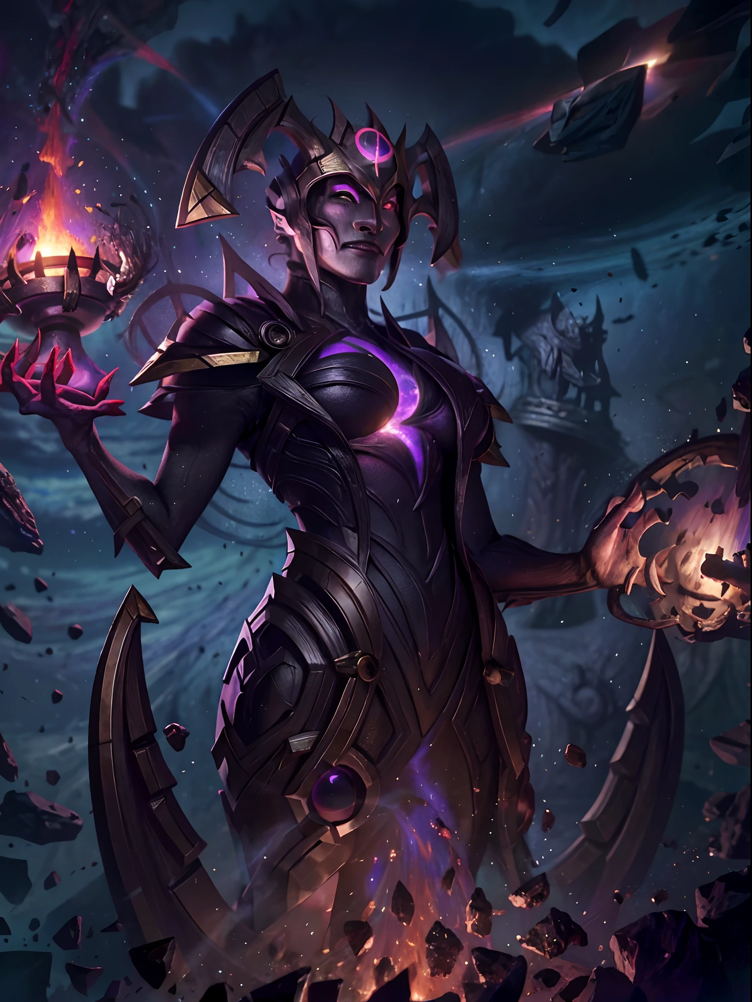 Hellbringers, Dressed in a black robe,Mask carved mysterious pattern,Eyes flashing with cold light,Fingers are long and beautiful,The voice is deep and beautiful,Lead sinful souls to judgment and punishment,Maintain balance and justice in the world, huge breasts, breasts out, shinny skins,fire on breast,darkstar style, glowing, space, planet, star /(sky/), black hole, glowing eyes, purple skin, colored skin,
armor, helmet