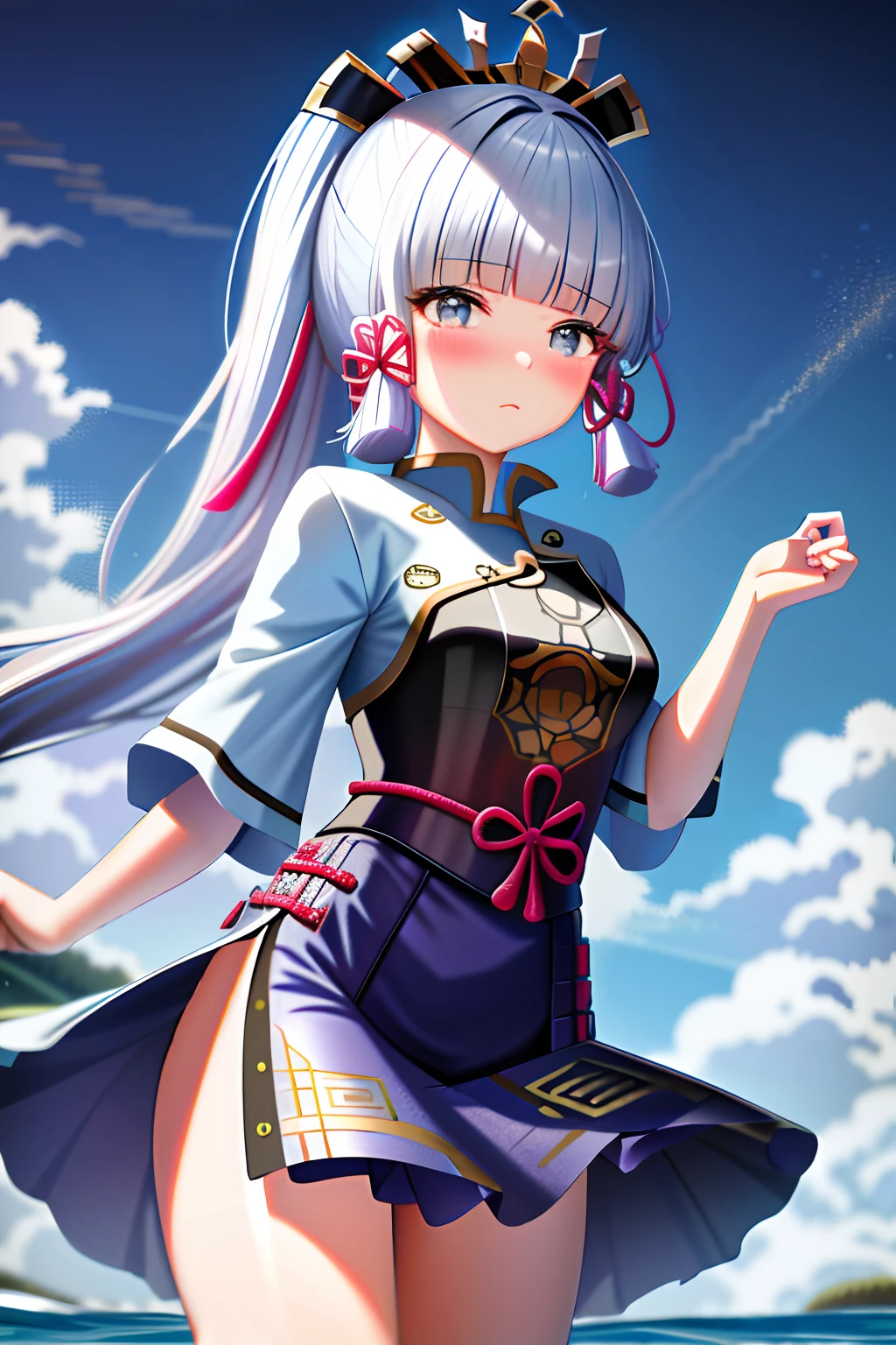 tmasterpiece,A high resolution,best qualtiy,kamisato_ayaka,streaming tears,Get wet with water,Swimsuit cheongsam,Blushing and shy,Raised sexy