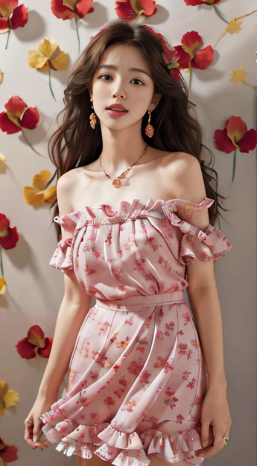 1girl,solo,jewelry,long hair,necklace,earrings,looking at viewer,cowboy shot,off shoulder,wavy hair,bare shoulders,Bright picture，grey eyes,lips,parted lips,skirt,frills,(red dress:1.3),colorful balloons,winnie the pooh,(flower background:1.5),