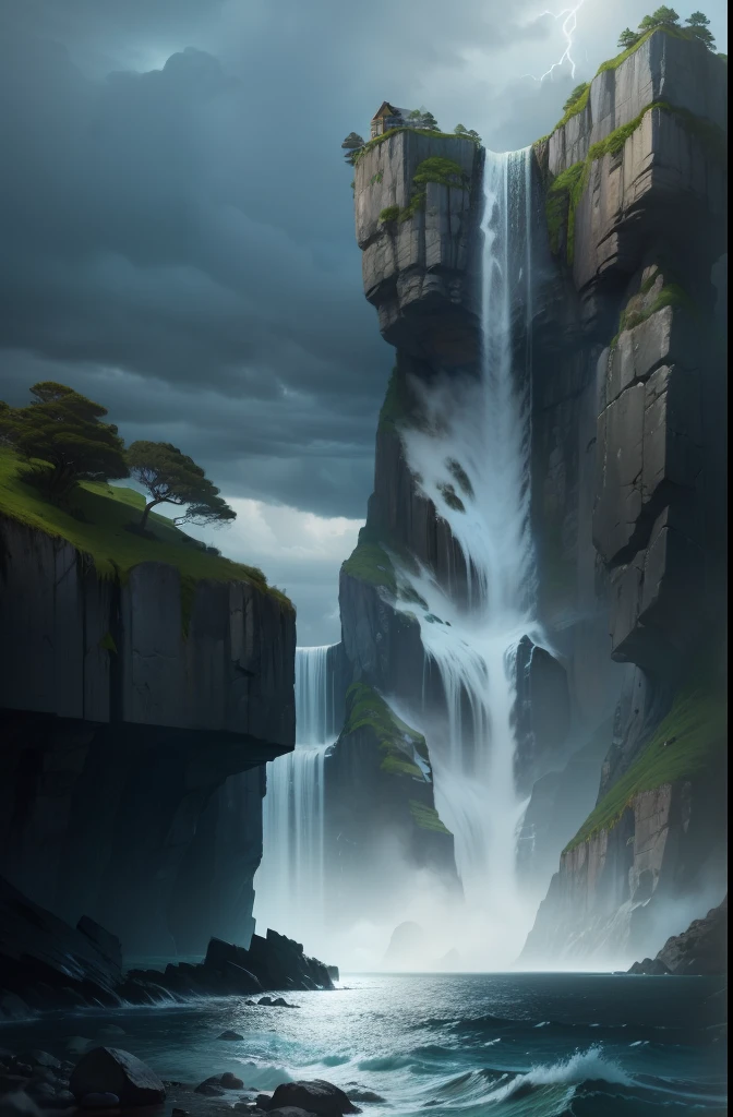A waterfall falls from a huge rock and stands out in the ocean,Storms surround