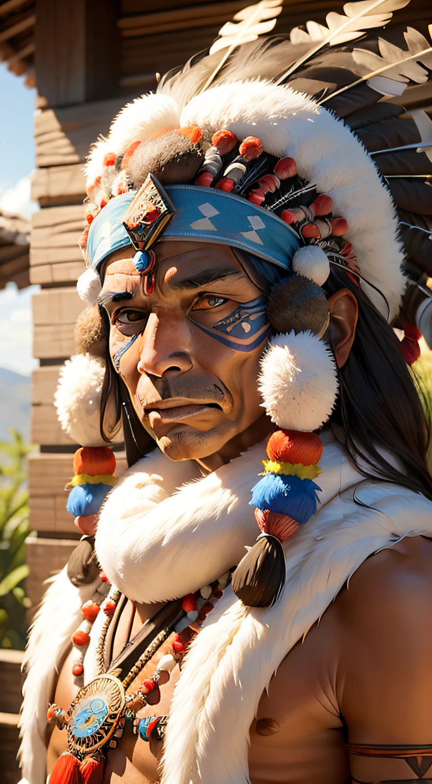 Old Indian shaman totempunkai wearing a feather headdress, olhos altamente detalhados, olhos castanhos,