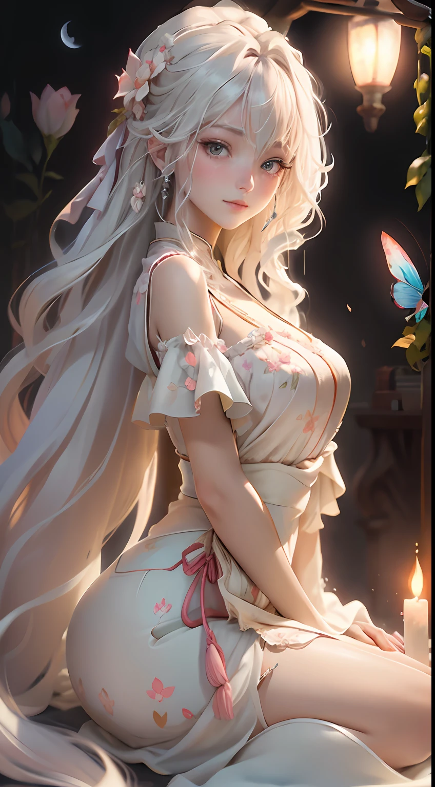 (a color),(Delicate beautiful eyes and delicate face),Among the flowers and plants of the forest,Movie lamplight,Bust,非常详细的 CG 统一 8k 壁纸,whaite hair,独奏,ssmile,Complex skirts,((Fly petals)) ,(Flowers meadow) sky, Cloudy_sky, Building, Moonlight, Moon, Night, (Dark theme:1.3), Light, fantasy,{best qualtiy},{ {tmasterpiece}},There is a girl in a green dress, clubs,palaces,oriental architecture ray tracing,{best qualtiy},{ {tmasterpiece}},Extremely detailed 8k wallpaper,{An extremely delicate and beautiful},coloured with lots of colour,intricately details,photorealestic,Realiy,Camera quality,(Carefully portray clothes),Cold white skin,(Carefully portray blush),1080p,suns,Soft cute,Smooth light silver hair,Messy beauty,lamplight,Sense of brokenness,The skin is shiny and silky,3D stereoscopic,tmasterpiece,The best quality,The illustrations are super detailed,beautidful eyes,Very delicate light,Fine luminescence,Very detailed 8k CG wallpaper,Peach blossom eyes,Red pupils,An extremely delicate and beautiful girl,8k wallpaper,best qualtiy,close-up all over the body,a white long skirt,Luxuriously silky bright red chiffon overshine(illusion,glitters,Ultrathin,softness,)Hanfu