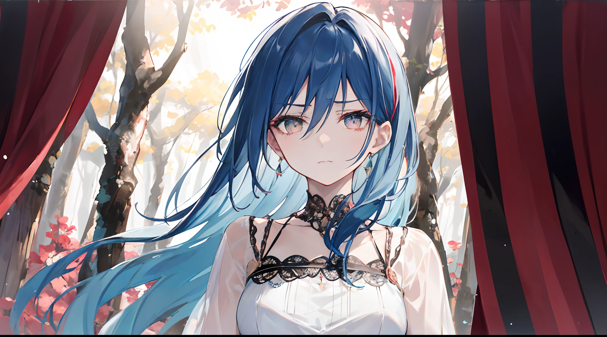 Generate in the style of a mature woman with bright cerulean blue hair, donning casual white attire, set against the backdrop of a sunlit forest. Her countenance exudes a subtle tinge of melancholy, while her eyes, a striking crimson hue, reflect both intensity and a touch of sorrow