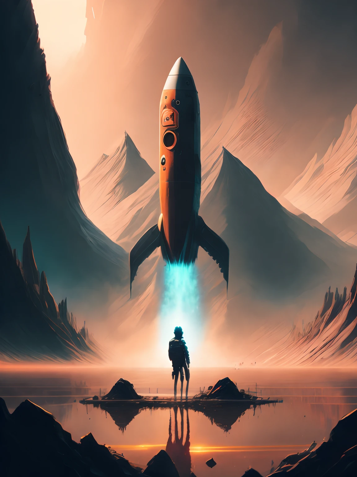 a painting of a person standing in front of a lake with a rocket coming out of it by Christopher Balaskas