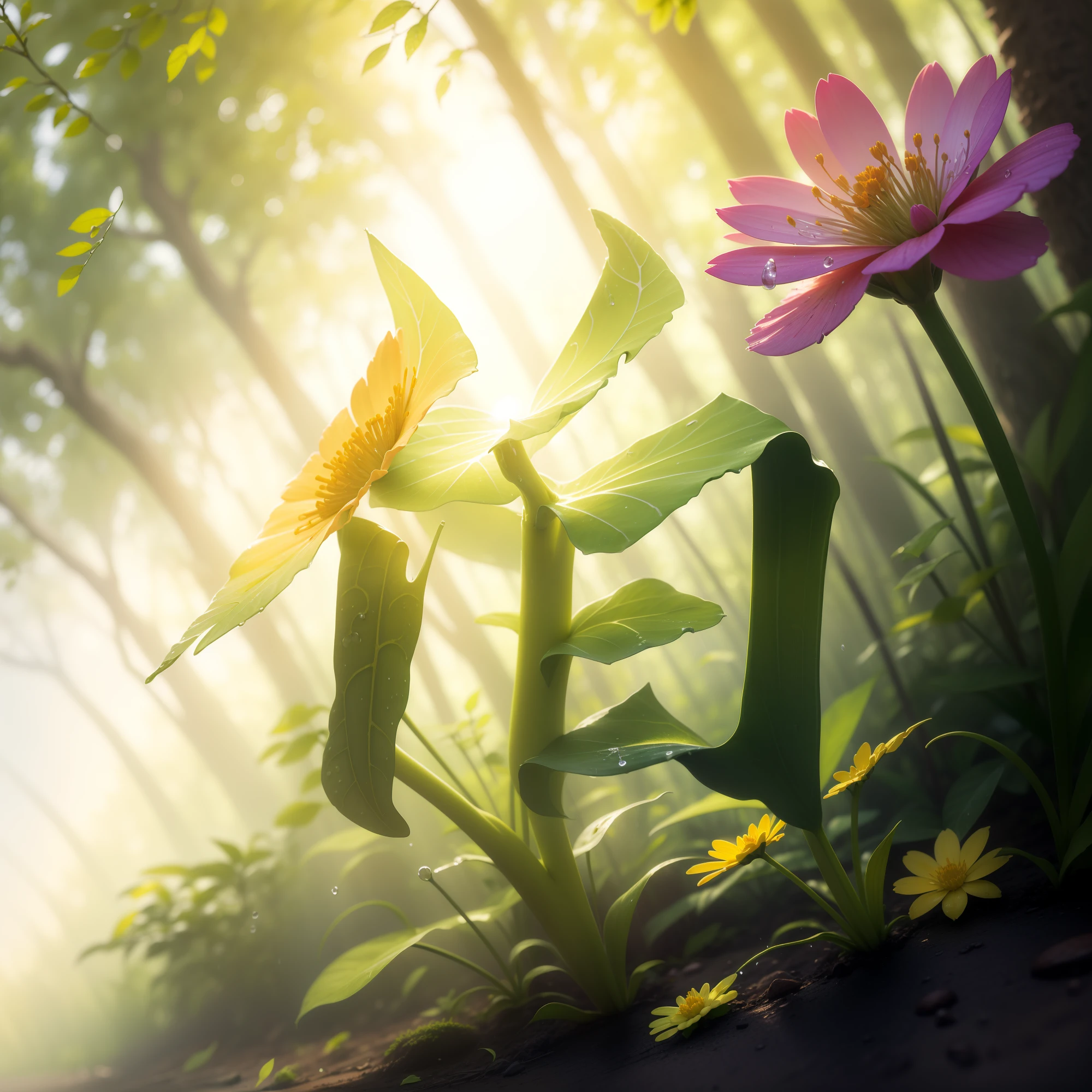 ((There is a small plant with bright flowers growing from the ground)), a picture by Thomas Häfner, shutter inventory, Realism, Detailed natural lighting, at lush forest background, low angle 8k hd nature photo, summer morning light, Soft morning lighting, Early morning light, paul barson, natural realistic render, Soft morning light, sunlight shining through,morango,rays of sunshine,Drip, Water droplets dripping,the trees,naturey,(Colorful petals)
