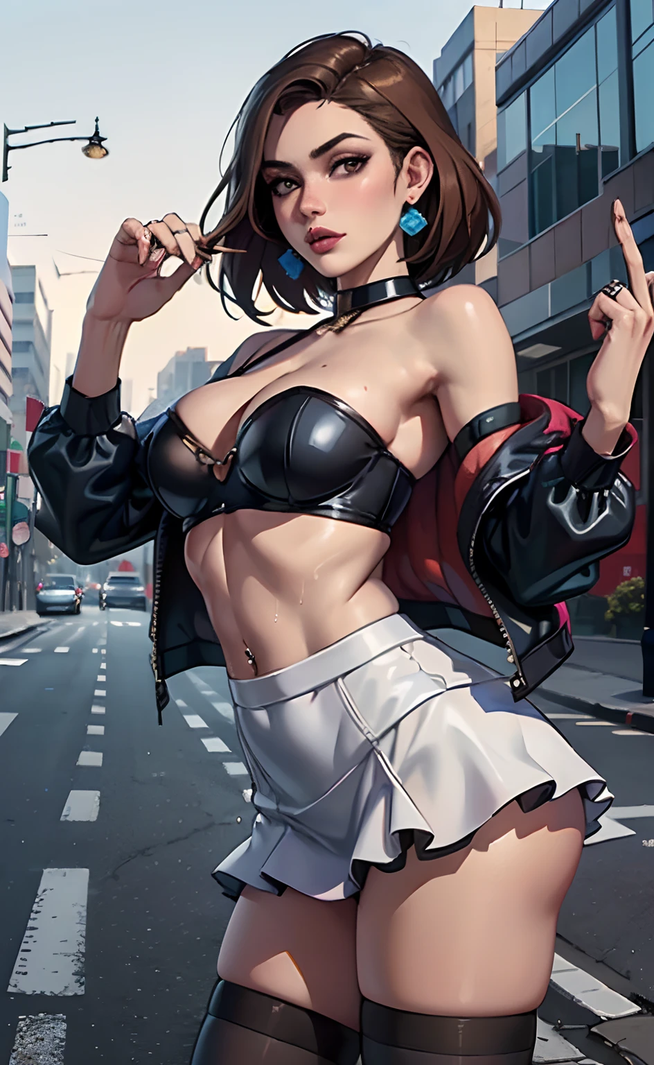 ((Best Quality, 8k, Masterpiece:1.3)), Focus:1.2, Perfect Body Beauty:1.4, Buttocks:1.2, ((Layered Haircut, Breasts:1.2)), (Wet Clothes:1.1) , (Sunny, Street:1.3), Bandeau Dress: 1.1, Highly Detailed Face and Skin Texture, Fine Eyes, Double Eyelids, Whitened Skin, Long Hair, (Shut Up: 1.3),brown hair,slutty pose, infront of a restaurant, prostitute(transparent top) (bra)(nsfw),miniskirt and top(transparent dress)(classy)(party dress)(bellybutton piercing)